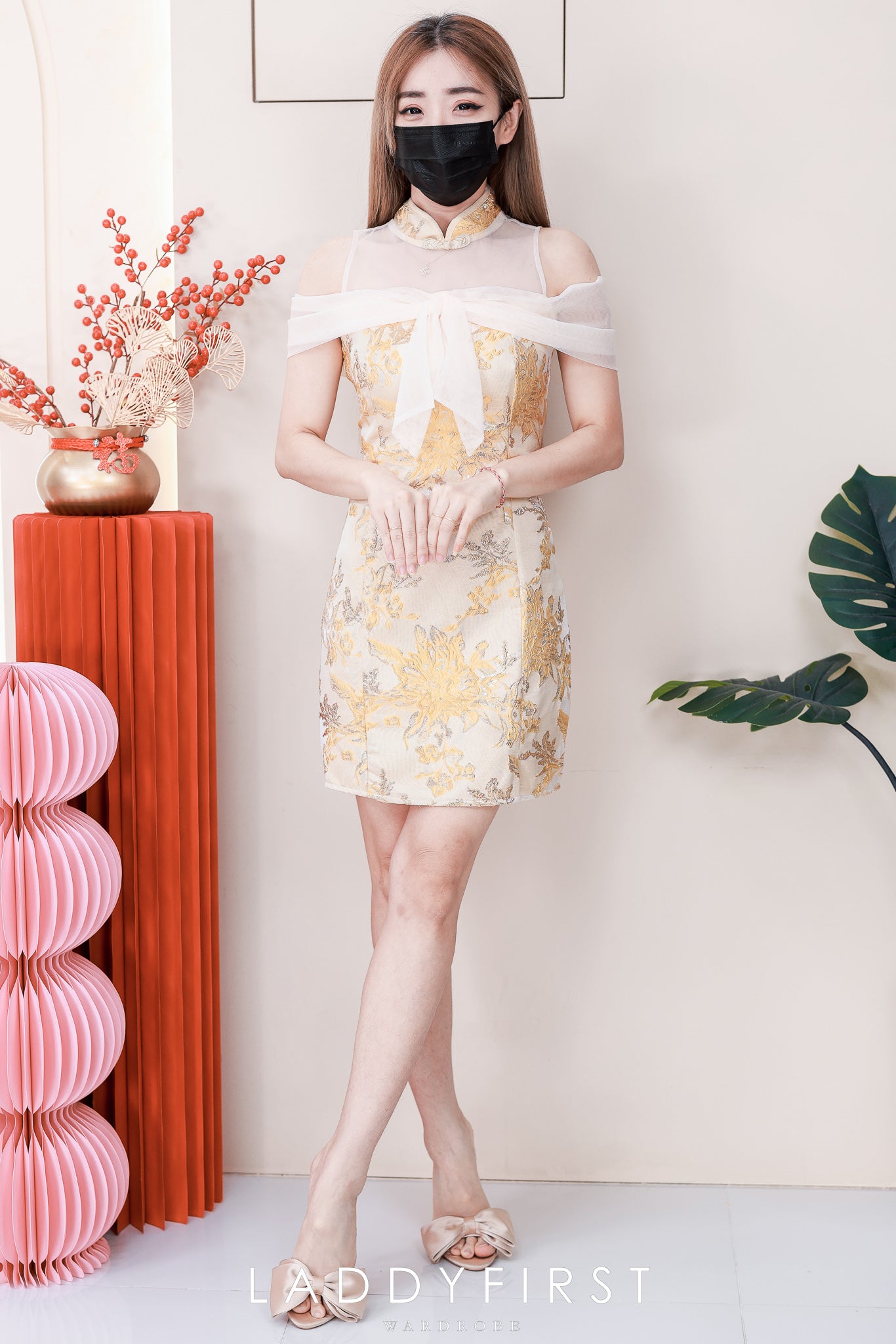 【D81657 / 91318】高品质高端气质拼接网纱蝴蝶结提花旗袍连身裙子 ❤️❤️【A-R2-C6】