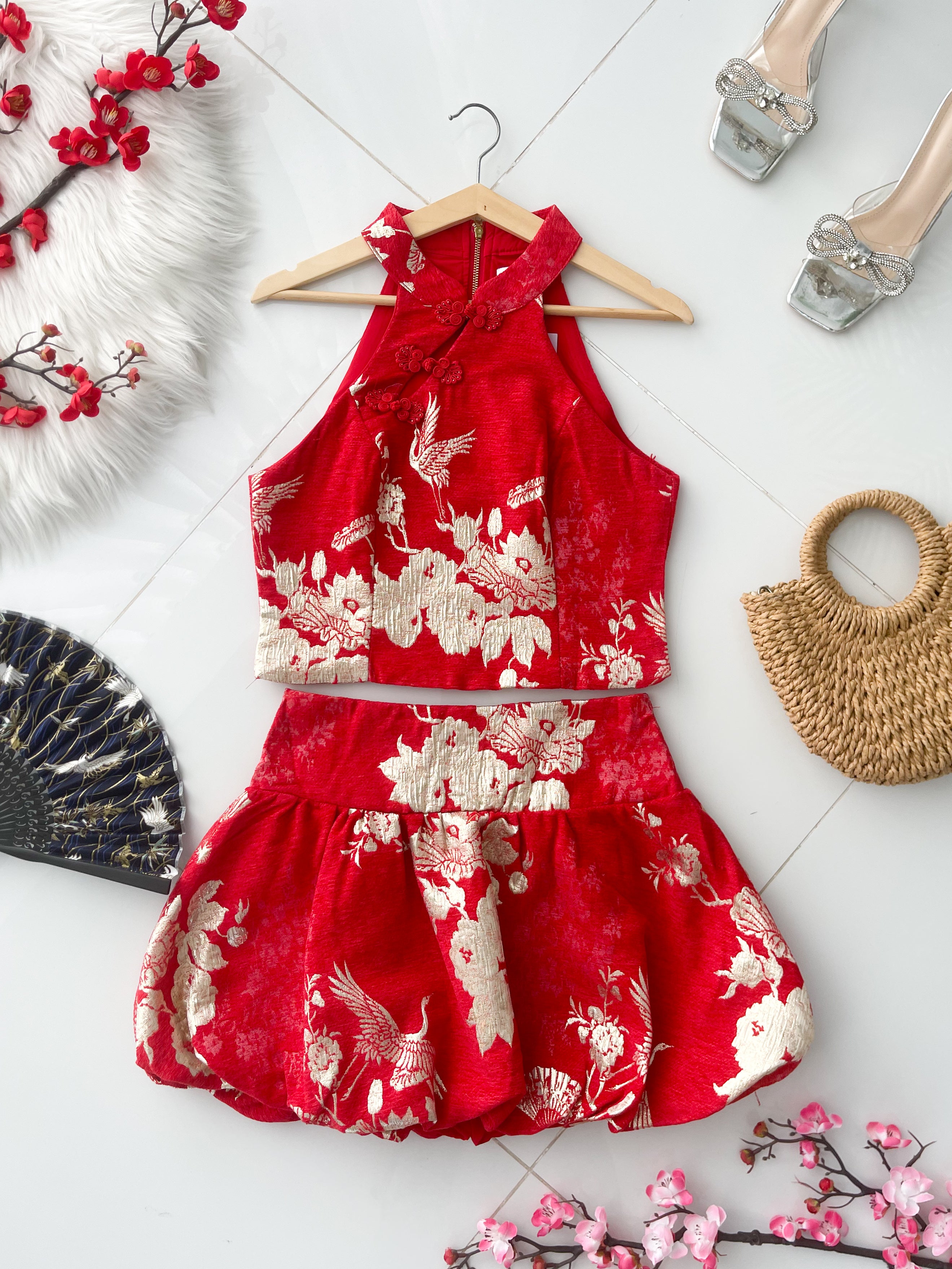 【SS21773 / 37629】高品质两件式高档气质CUT IN新中式提花旗袍套装 CUT IN提花旗袍上衣➕花苞高腰裙子，内层有里布短裤 ❤️❤️【A-R1-C2】