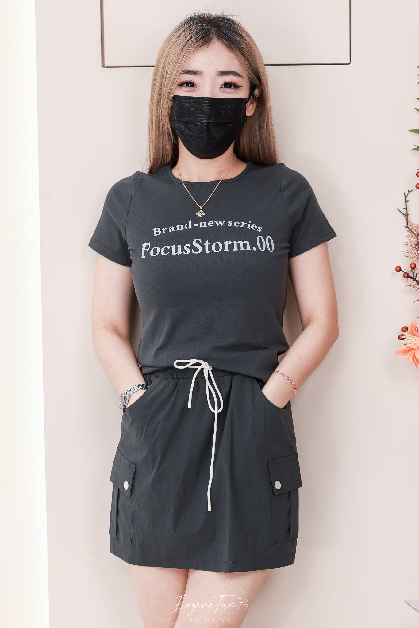 【SS1777】高品质两件式韩风休闲时尚套装 纯棉弹力圆领短袖百搭上衣➕松紧高腰百搭裙子，内层有里布短裤有口袋 ❤️❤️