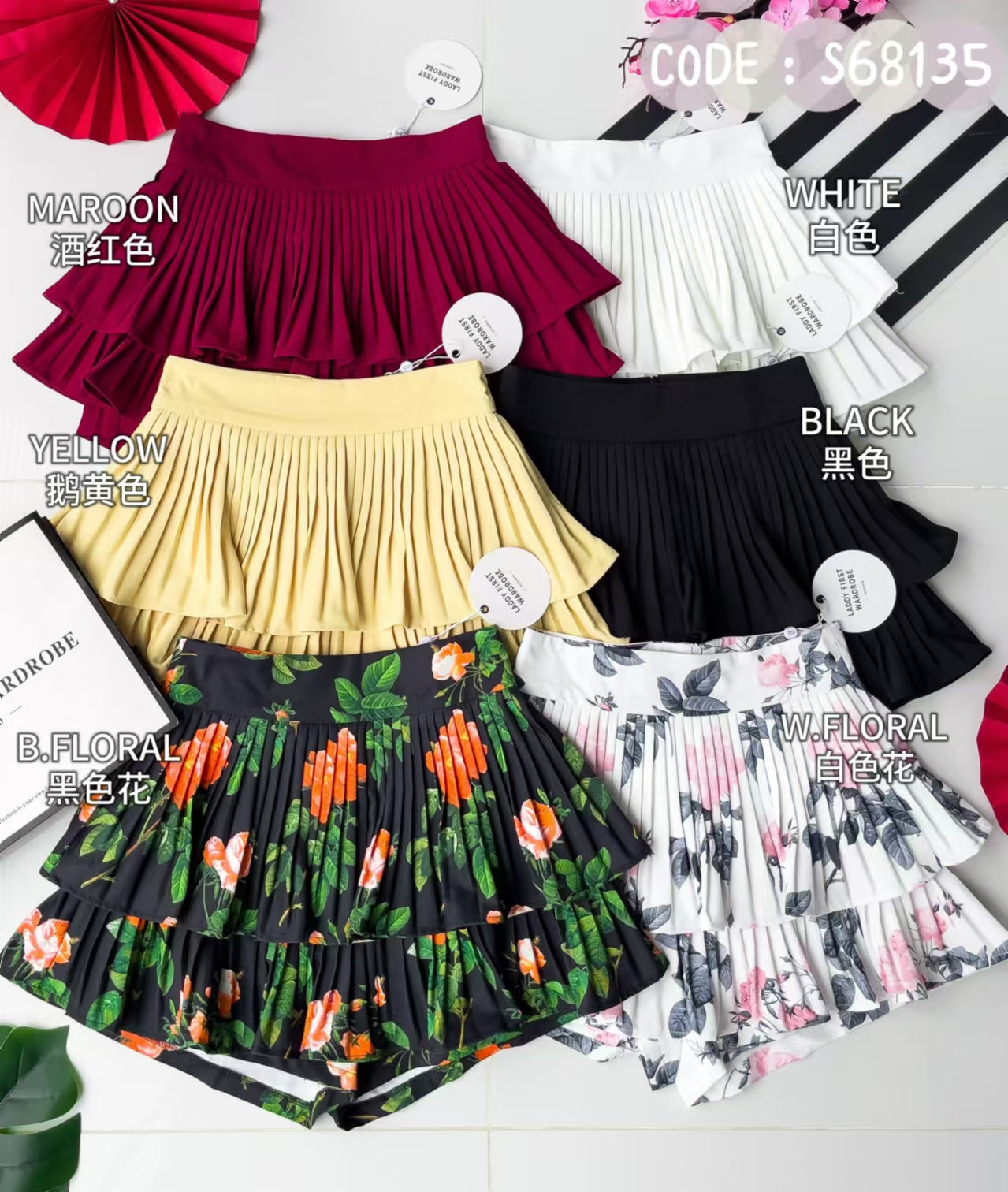 【S68135】【LFW独家小圆饼】【直播间搭配】双层蛋糕百褶荷叶边高腰显瘦西装裙子，内层防走光短裤 ❤️❤️ 【C-R3-C5】