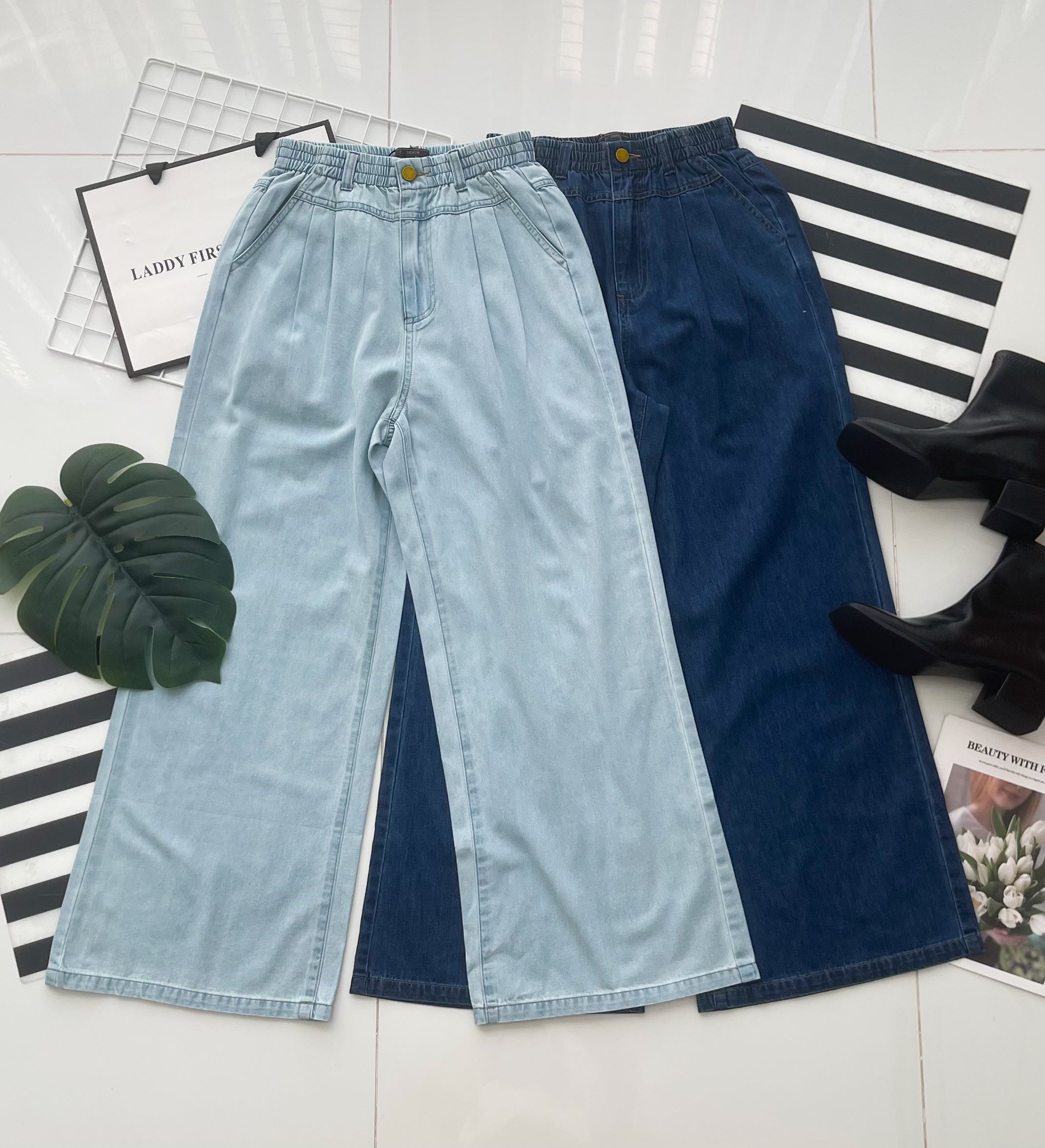 【L21215】【补厂家现货⚡⚡】高品质气质感复古风阔腿宽脚直筒牛仔长裤，有口袋 ❤️❤️