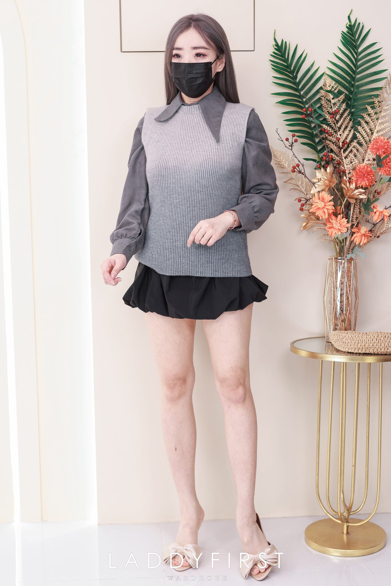 【T213】高品质假两件式韩版上衣  双色无袖针织上衣➕翻领长袖宽松长袖上衣 ❤❤