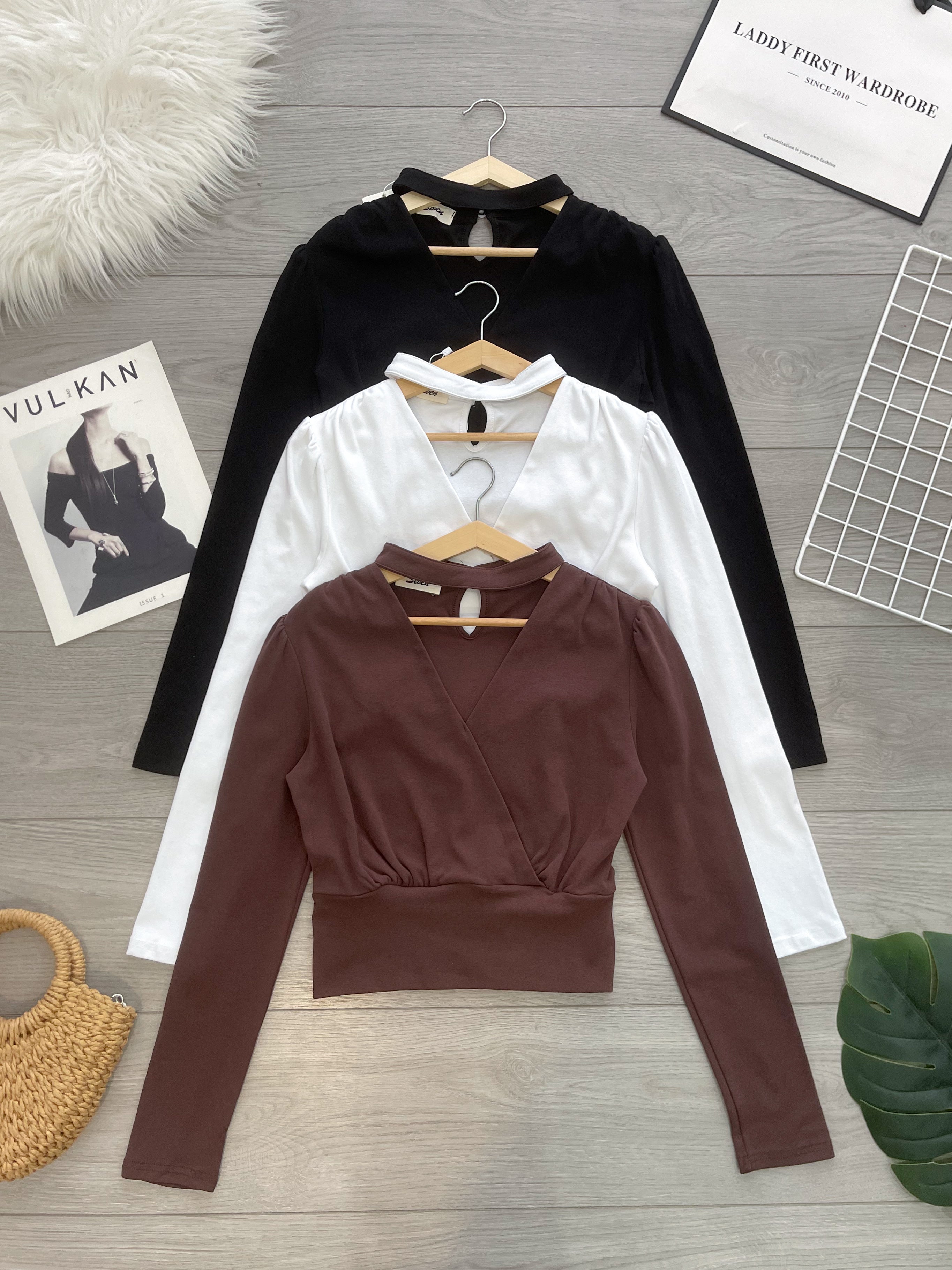 【T82767】高品质纯棉弹力V领挂脖长袖百搭上衣 ❤❤