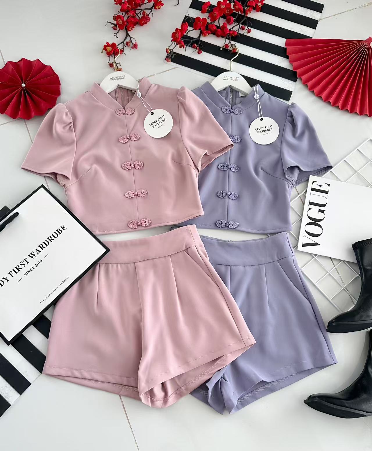 【SS3504】【LFW独家小圆饼】高品质两件式简约时尚西装四面弹唐装旗袍套装 立领盘扣短袖旗袍上衣➕西装高腰百搭短裤，有口袋 ❤️❤️