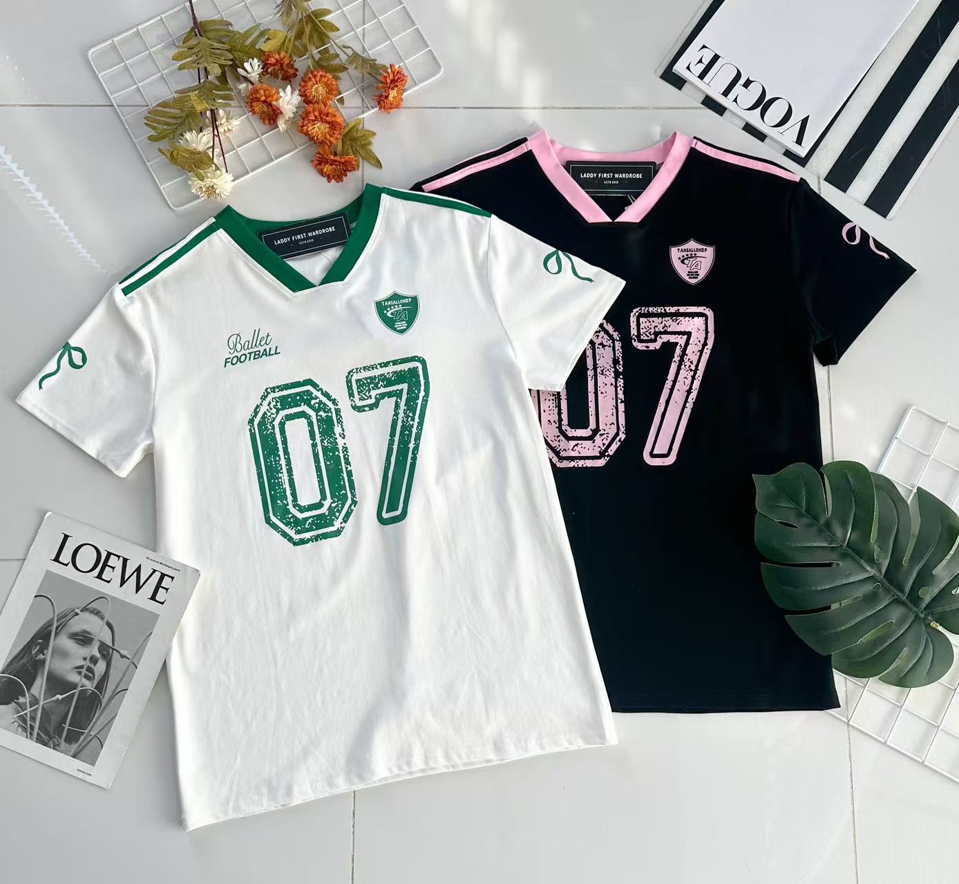 【T14038 / 8988】高品质拼色V领纯棉弹力宽松版球衣Oversized 百搭上衣 ❤️❤️