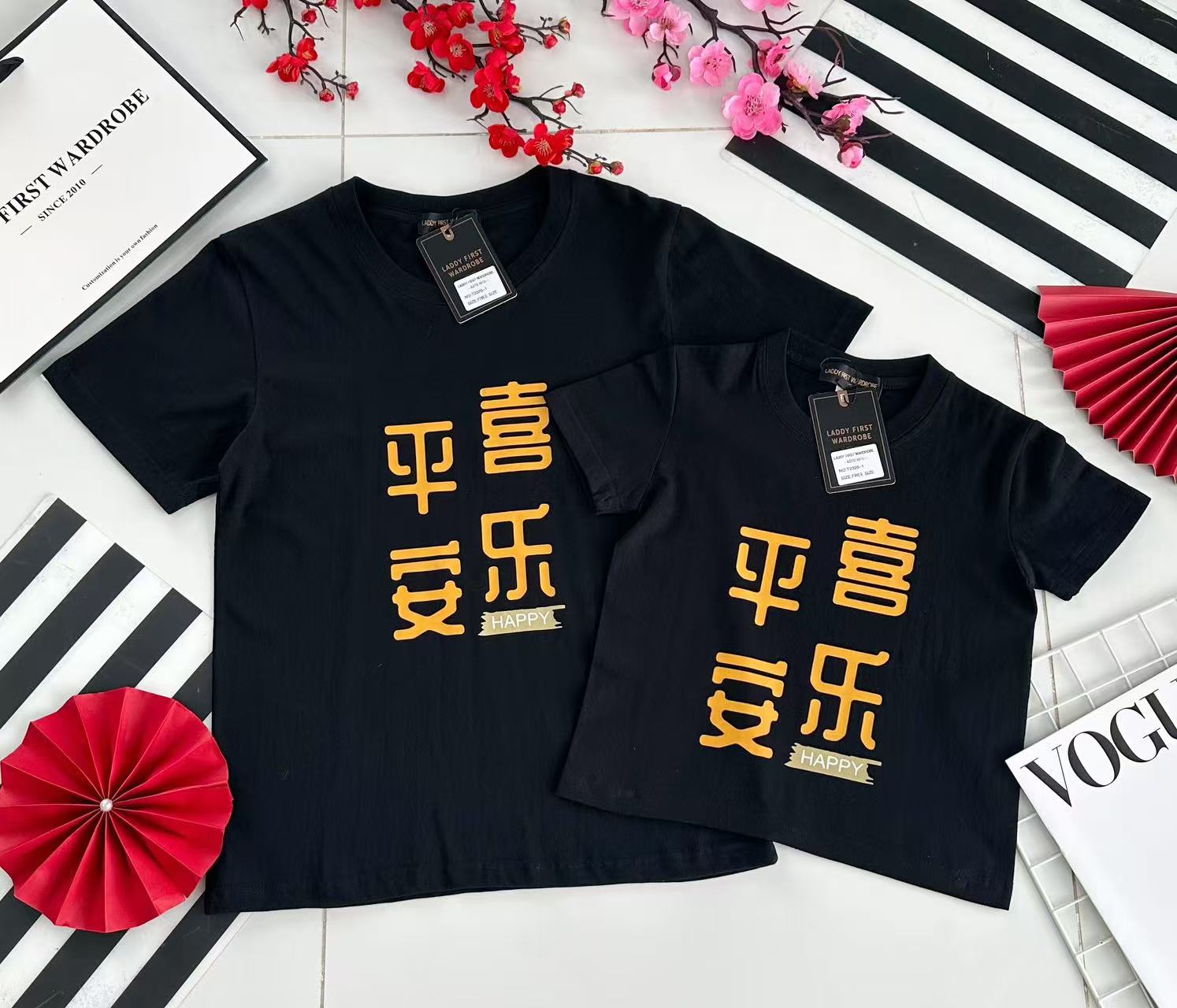 【O2320】🧧「平安喜乐」男女同款圆领短袖纯棉弹力 Oversized 上衣 🧧
