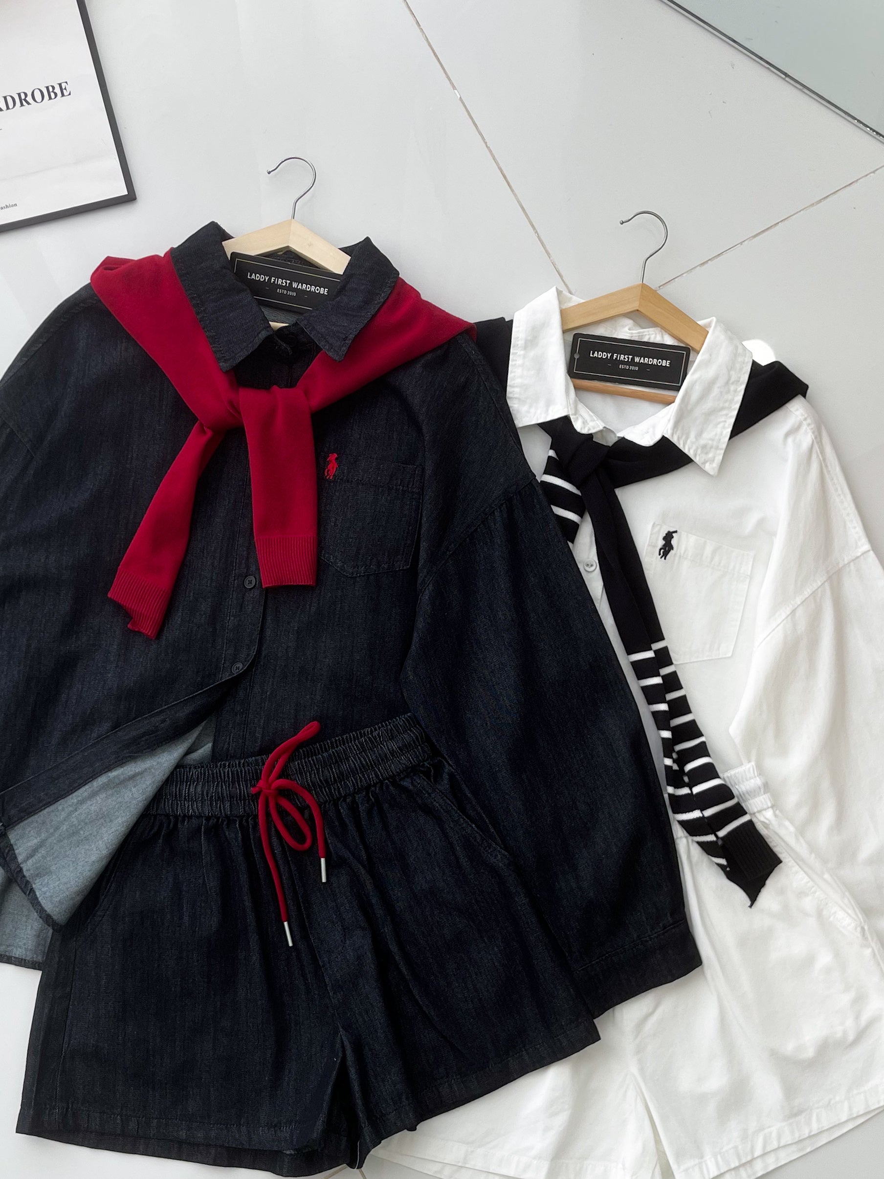 【SS8620】高品质两件式韩式牛仔简约休闲百搭套装 翻领长袖牛仔上衣➕松紧腰弹力牛仔短裤，有口袋 ❤️❤️