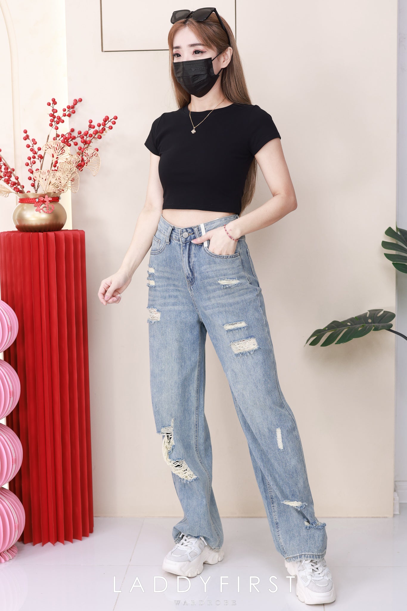 【L50231】高品质牛仔阔脚破洞直筒高腰长裤，有口袋 ❤️❤️【B-R2-C2】