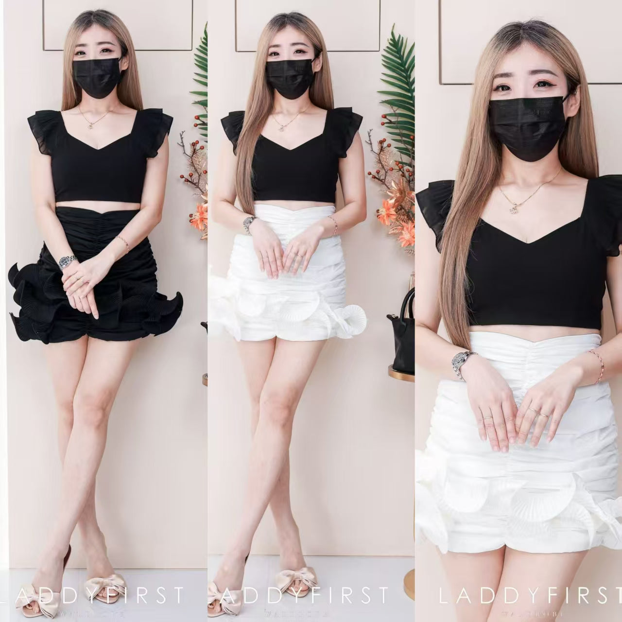 【S2384】【补厂家现货⚡️⚡️】高品质法式名媛风立体花瓣木耳边皱褶修身显腰高腰裙子，内层有里布短裤 ❤️❤️