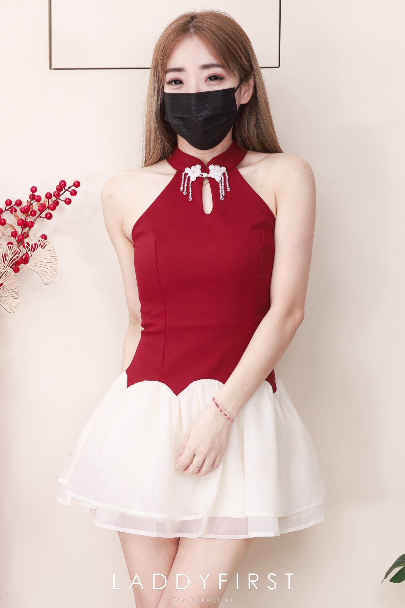 【D77139】高品质精致水晶流苏盘扣设计西装拼接雪纺缝缝旗袍连身裙子，内层有里布短裤 ❤❤【B-R3-C3】