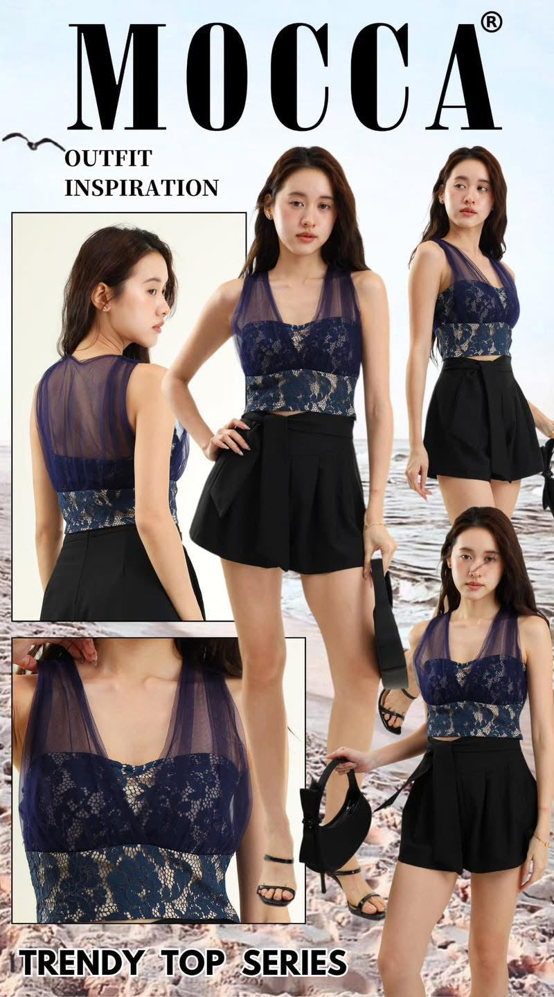 【T8239401】高品质水溶蕾丝拼接网纱无袖短版上衣 ❤❤