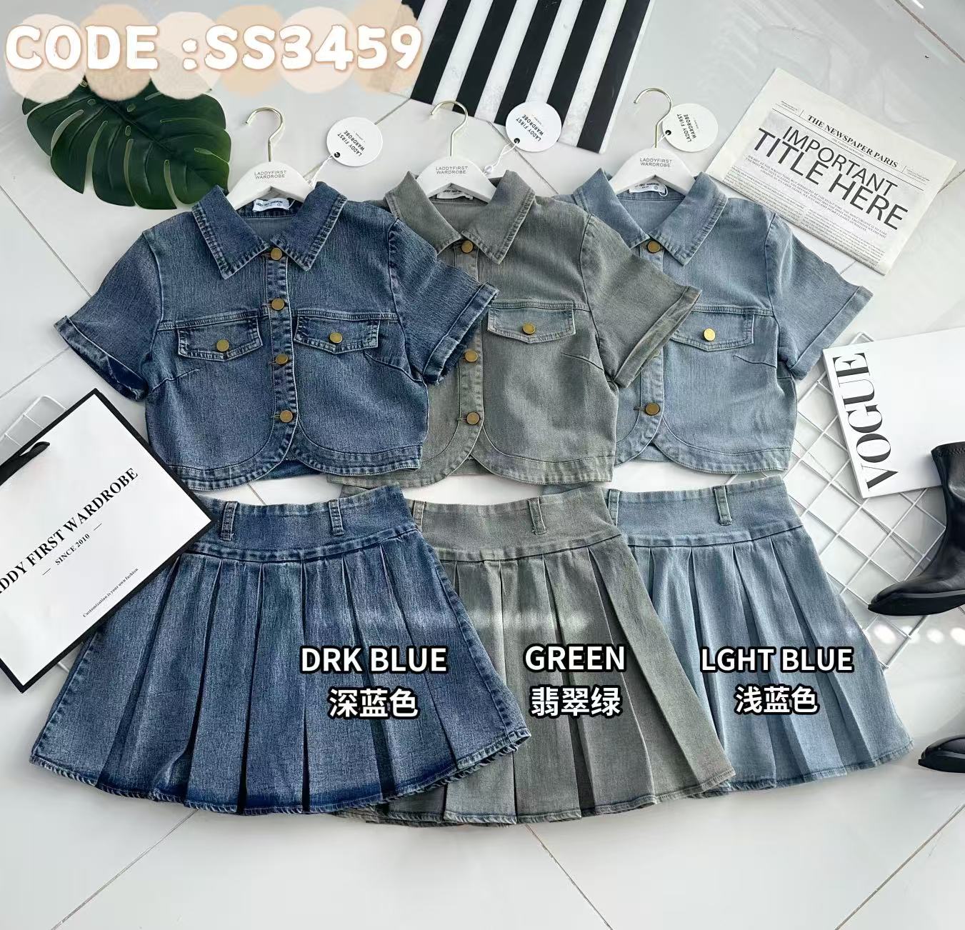 【SS3459】【LFW独家小圆饼】高品质两件式韩式学院风减龄款COTTON JEANS牛仔弹力时尚套装 翻领短袖牛仔上衣/小外套➕减龄牛仔百褶高腰百搭裙子，内层有里布短裤 ❤️❤️