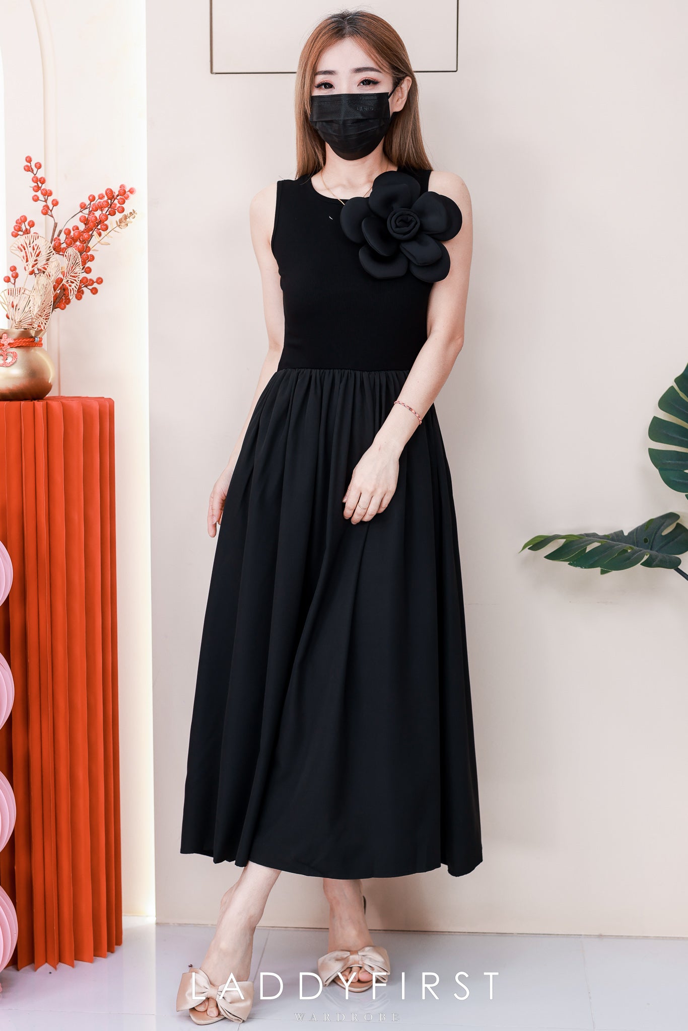 【D323020】高品质仙气韩系大气立体大花螺纹弹力拼接雪纺连身长裙 ❤❤【A-R2-C4】