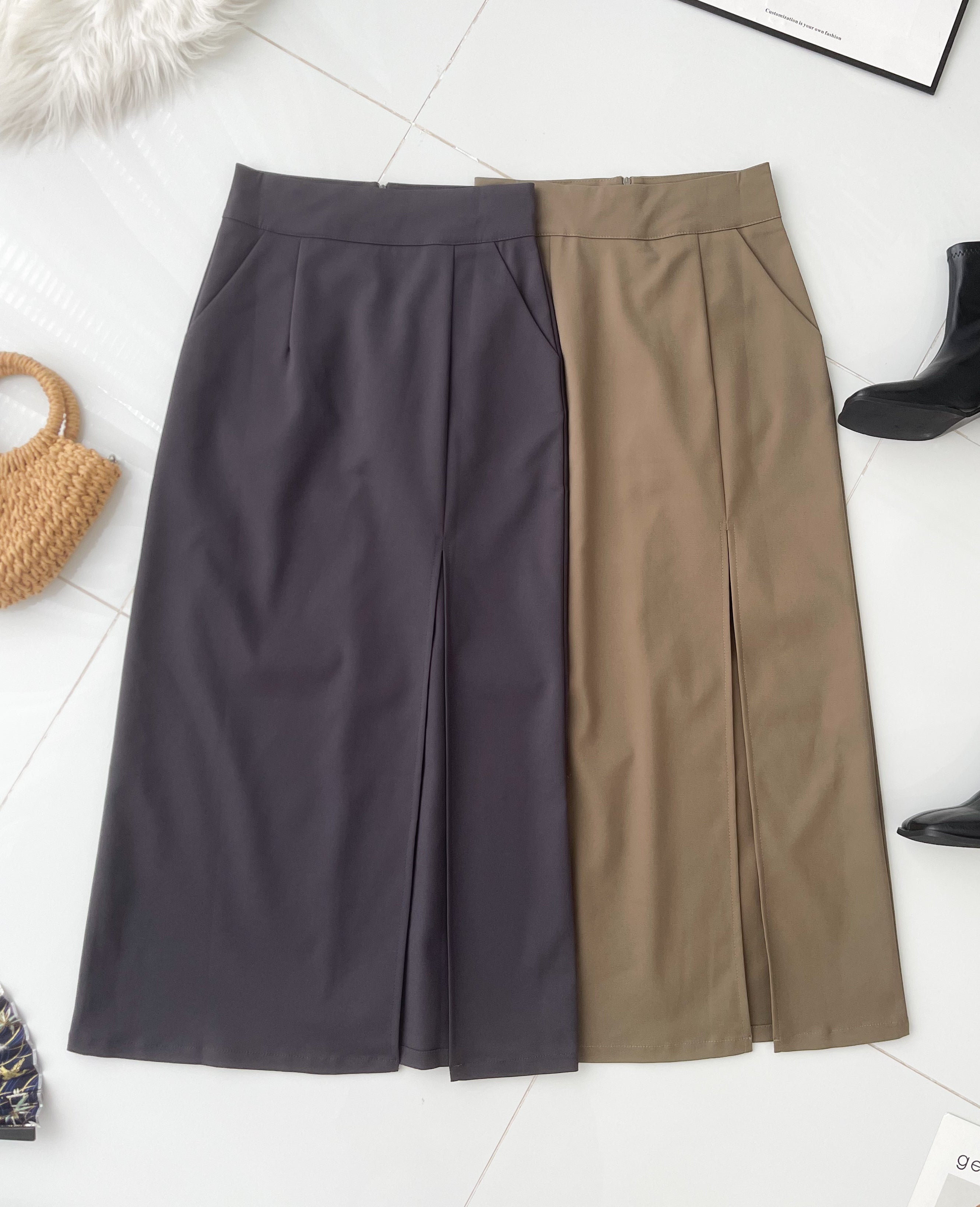 【L82962】高品质韩式修身显腰开叉设计锦棉OL高腰百搭长裙，有口袋 ❤️❤️