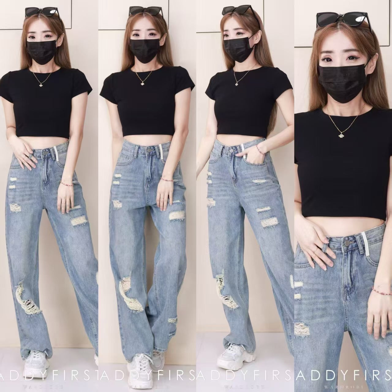 【L50231】高品质牛仔阔脚破洞直筒高腰长裤，有口袋 ❤️❤️【B-R2-C2】