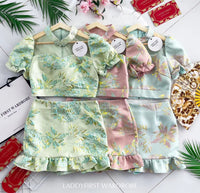 【SS3386-2】【LFW独家小圆饼】高品质两件式提花旗袍套装 泡泡袖提花拼接网纱旗袍上衣➕荷叶摆提花高腰裙子，内层有里布短裤 ❤️❤️