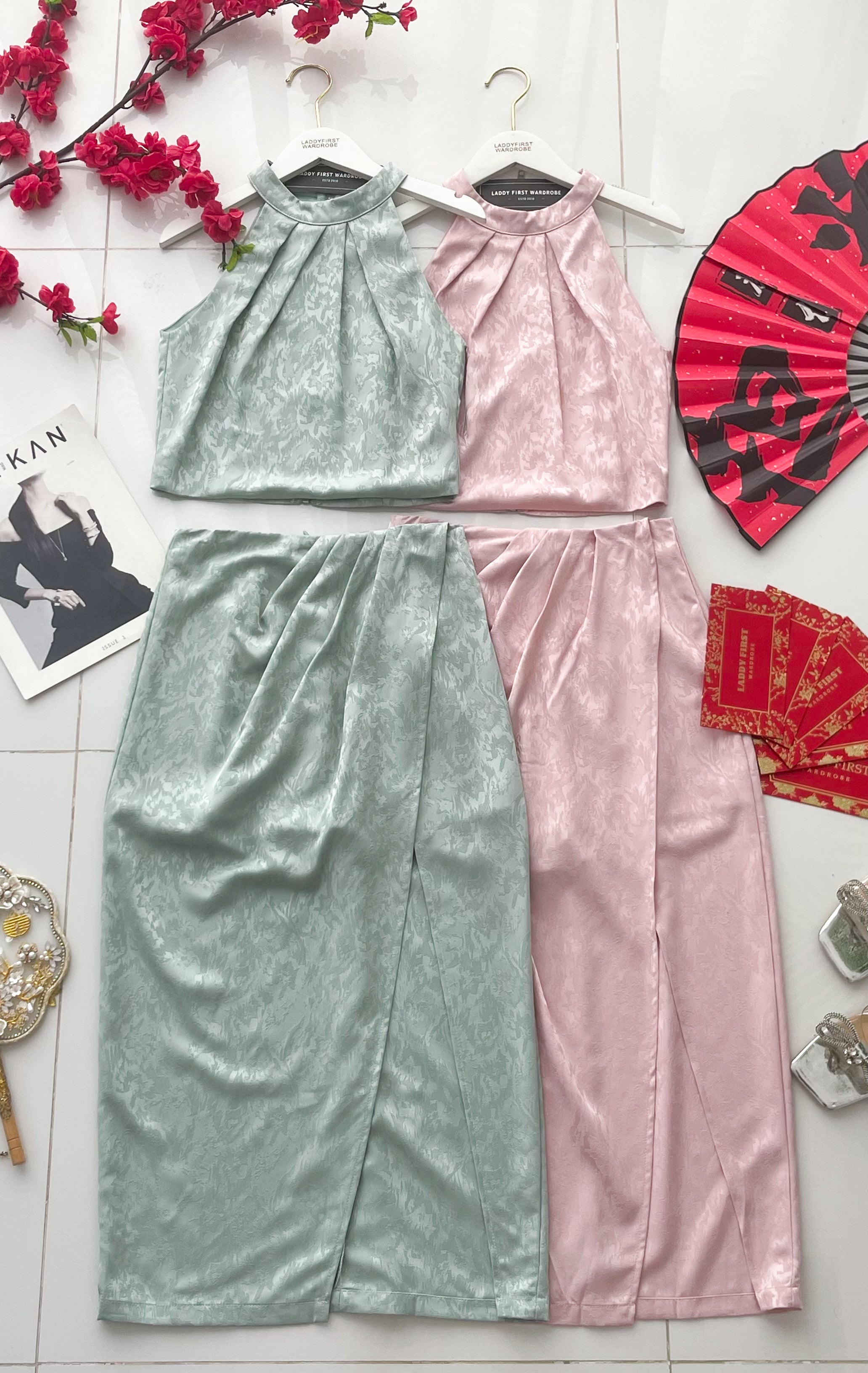 【SS16960】高品质两件式高级感新中式缎面旗袍套装 CUT IN无袖旗袍上衣➕开叉边设计高腰裙子 ❤️❤️8