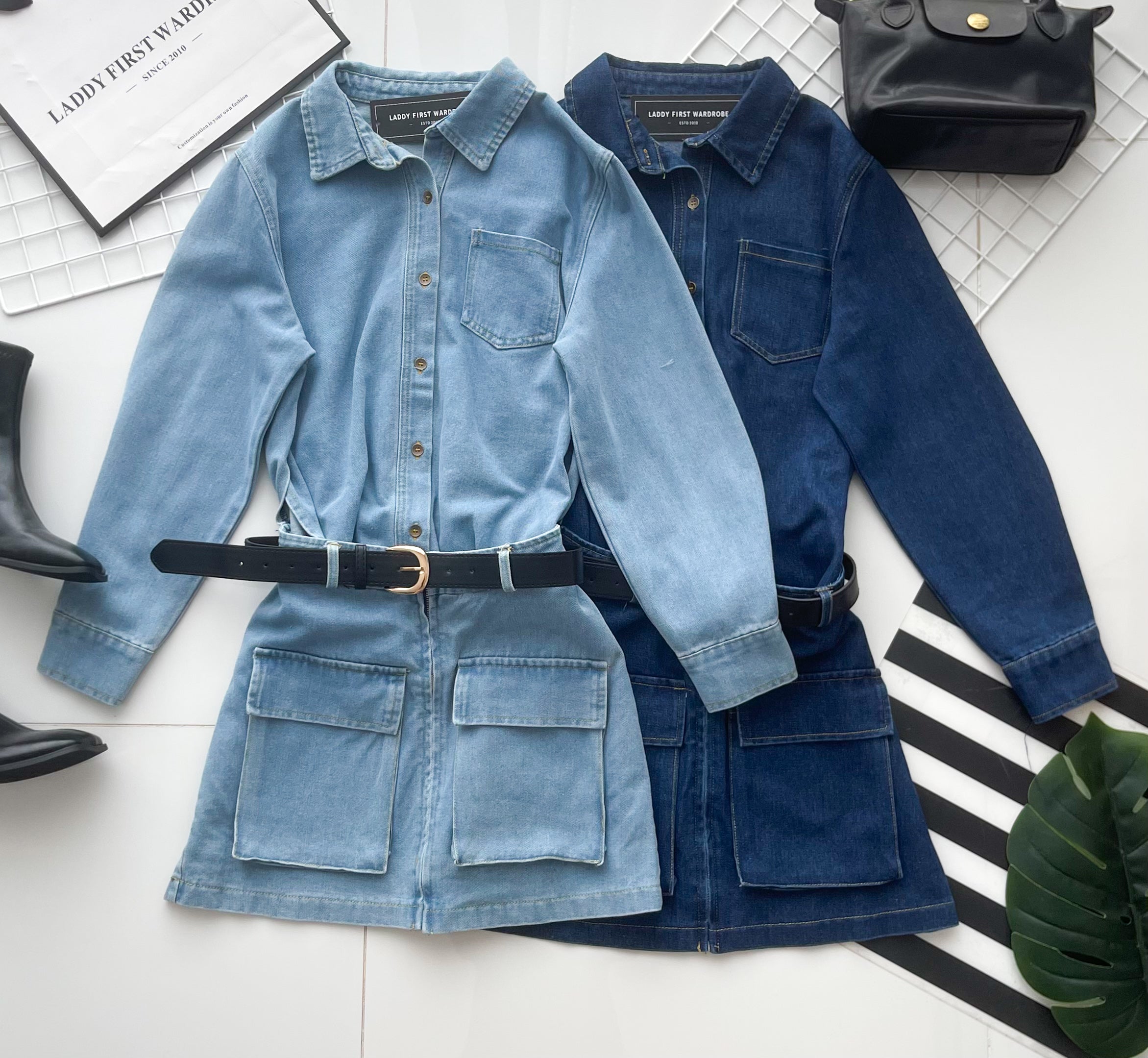 【D7702】高品质美式复古风翻领长袖牛仔连身裙子，附送腰带，有口袋 ❤❤【B-R1-C6】