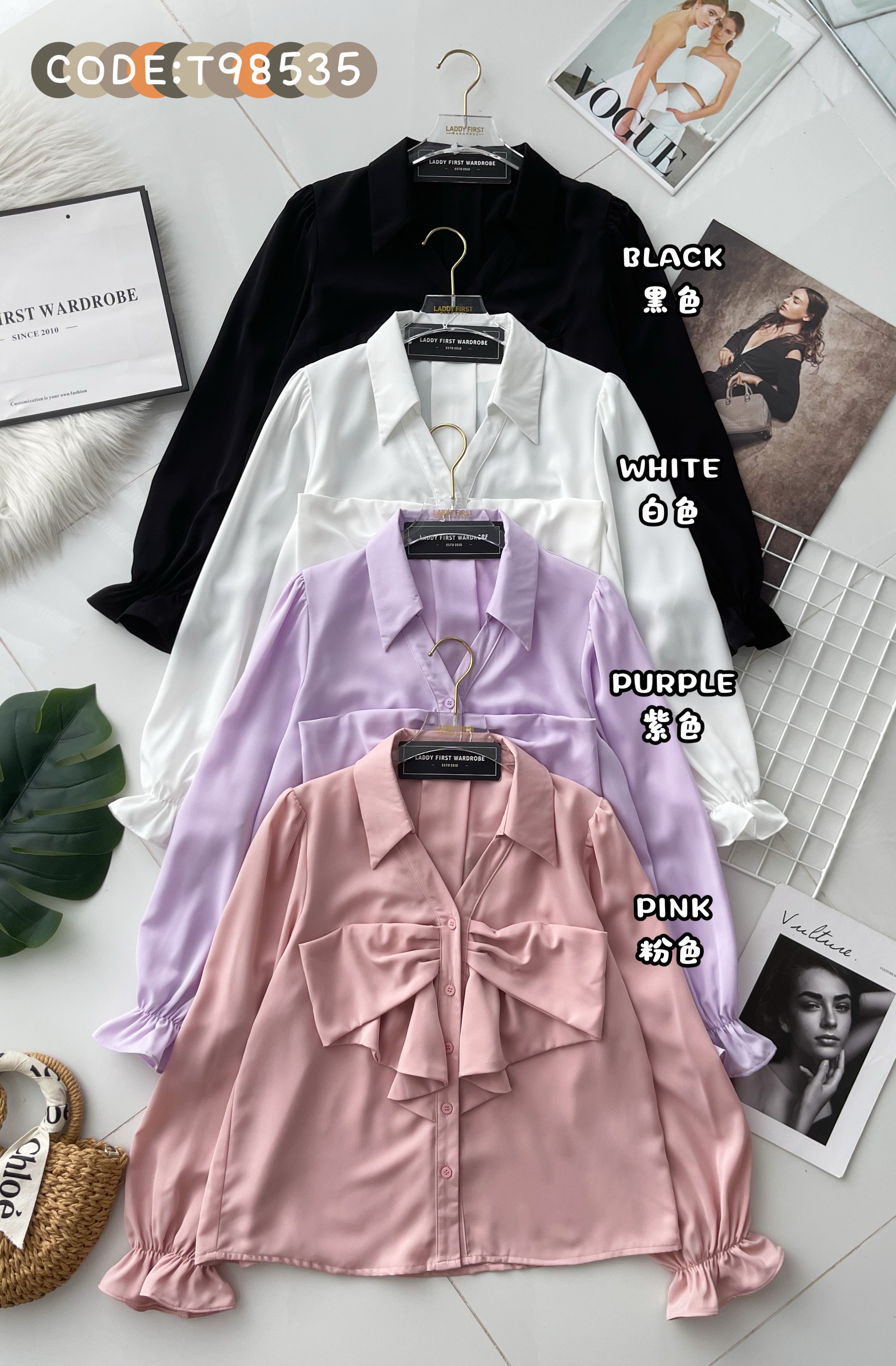 【T98535】高品质V领蝴蝶结🎀糖果袖设计西装长袖上衣 ❤️❤️