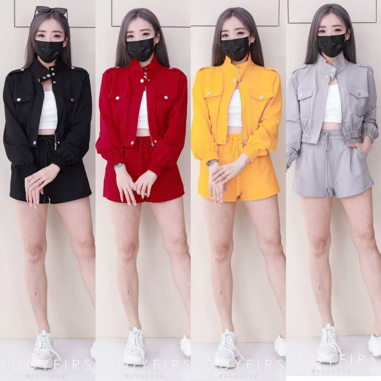 【SS3514】【LFW独家小圆饼】高品质两件式卫衣棉时尚气质休闲百搭套装 翻领长袖上衣/外套➕松紧腰休闲高腰百搭短裤，有口袋 ❤️❤️