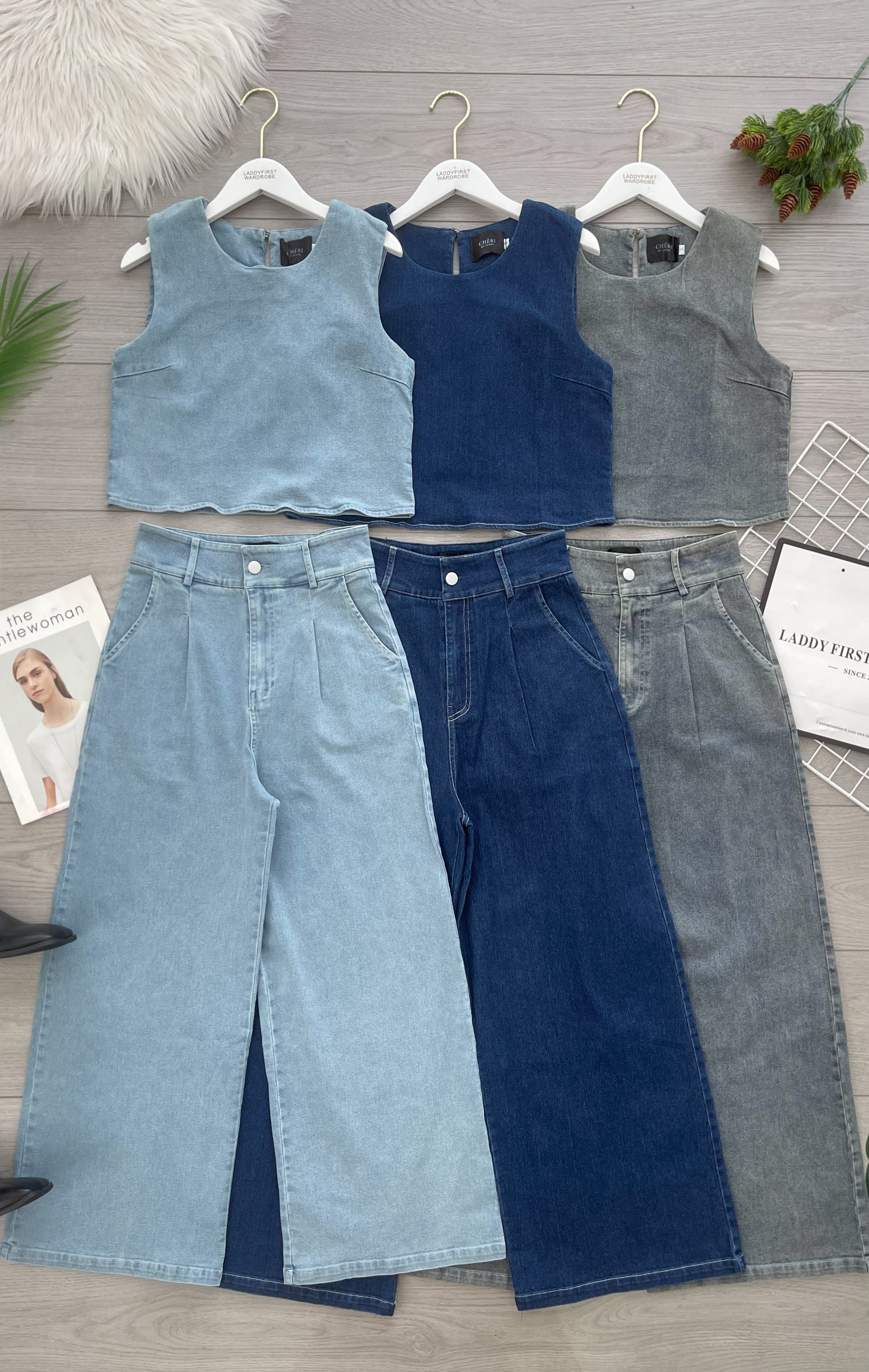 【SS2631】高品质两件式御姐风气质简约牛仔套装 宽松牛仔无袖上衣➕阔脚牛仔高腰百搭短裤，有口袋 ❤️❤️