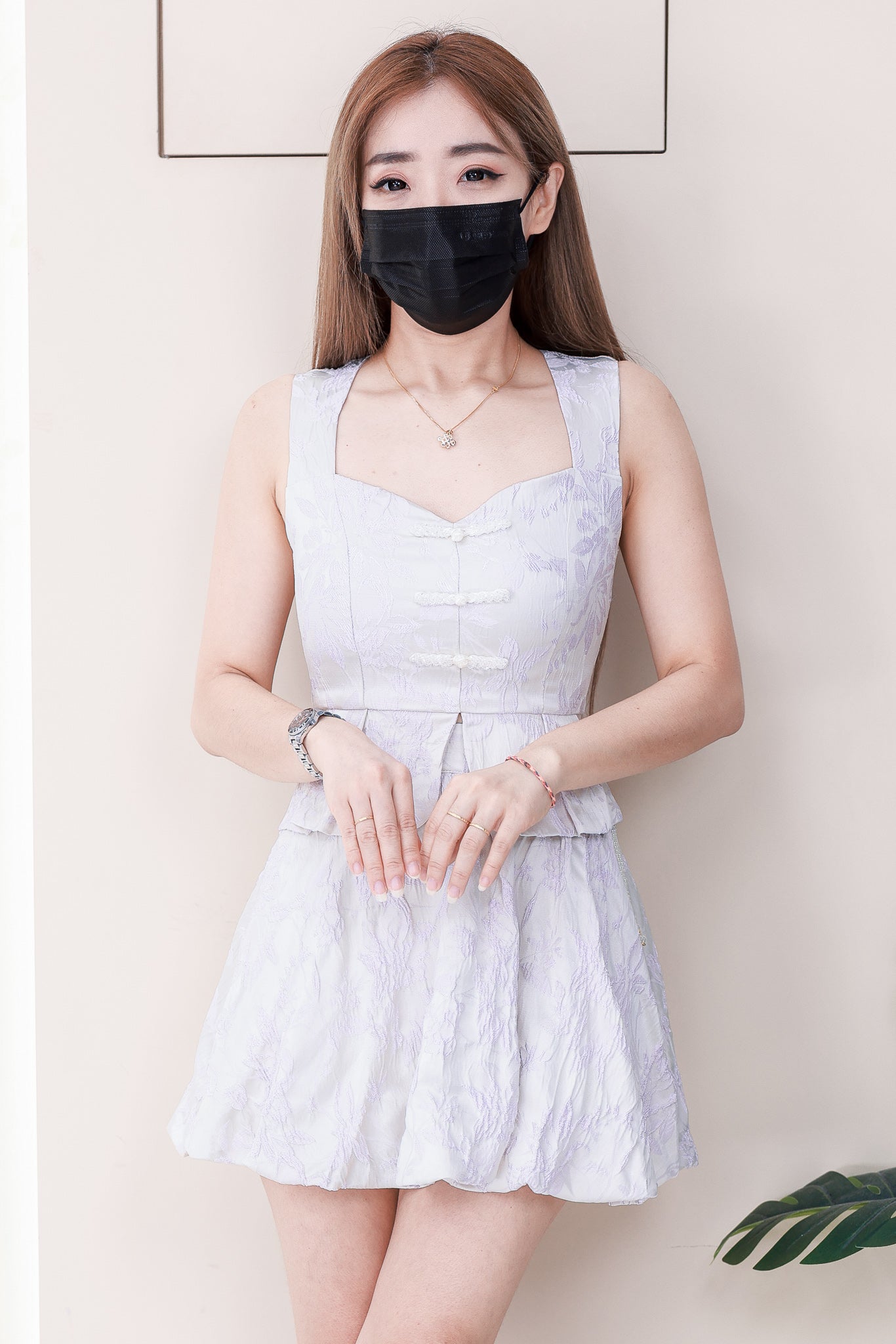 【SS2598】高品质两件式新中式仙气缎面拼接提花旗袍套装 无袖提花旗袍上衣➕提花高腰泡泡裙子，内层有里布短裤 ❤️❤️