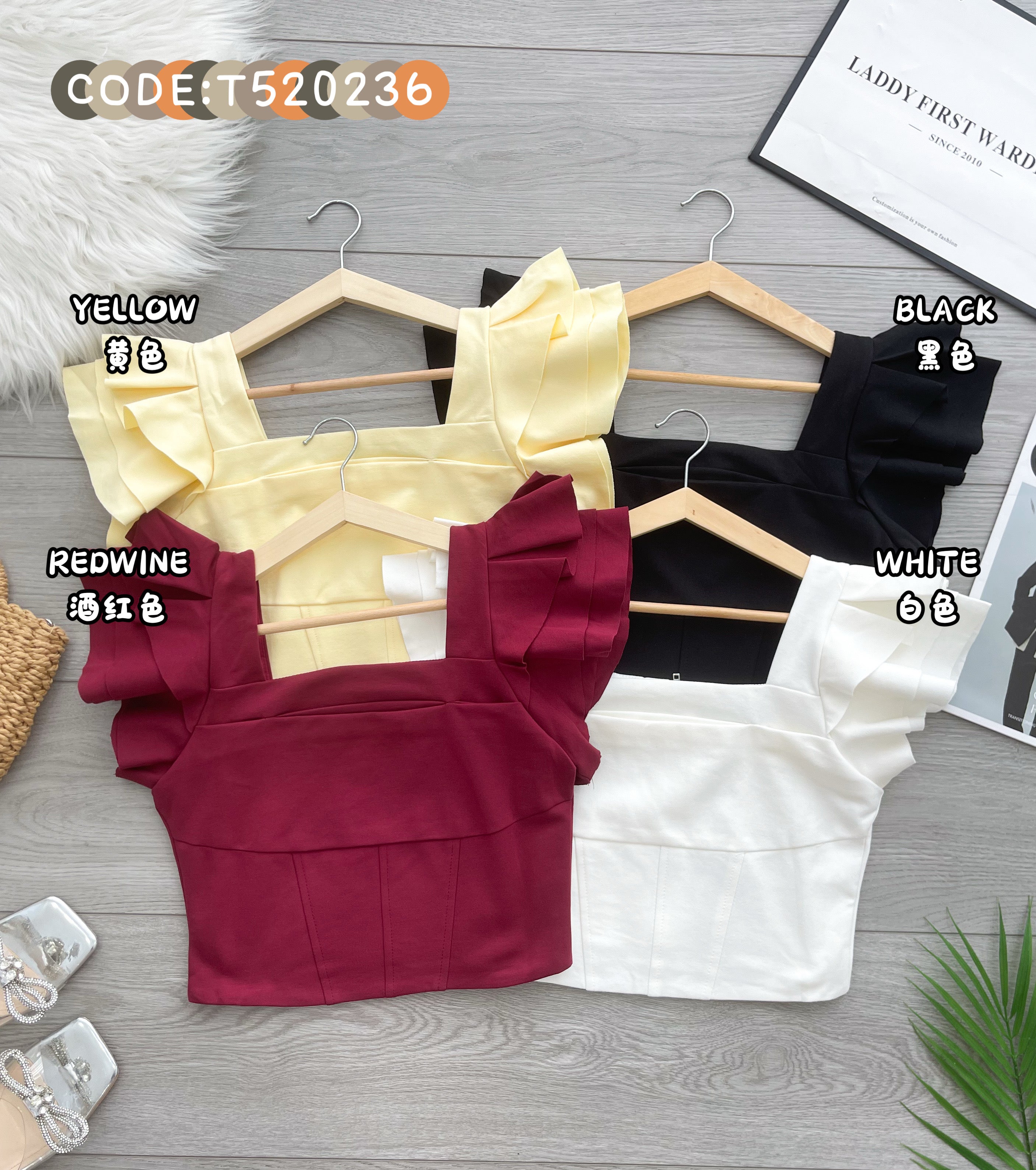 【T520236】高品质荷叶袖罗马棉时尚短版百搭上衣 ❤️❤️