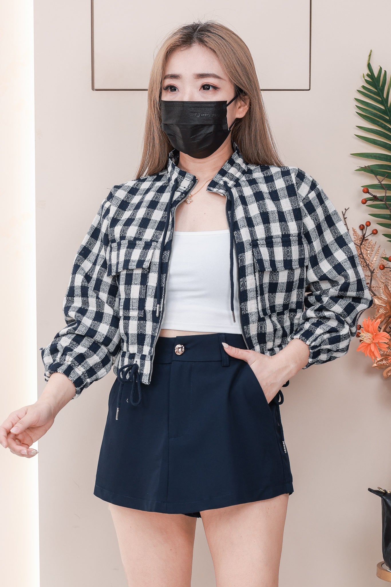 【SS121540】高品质两件式小香风时尚套装 宽松大版长袖上衣外套➕西装高腰百搭裤裙，后腰伸缩弹力有口袋 ❤️