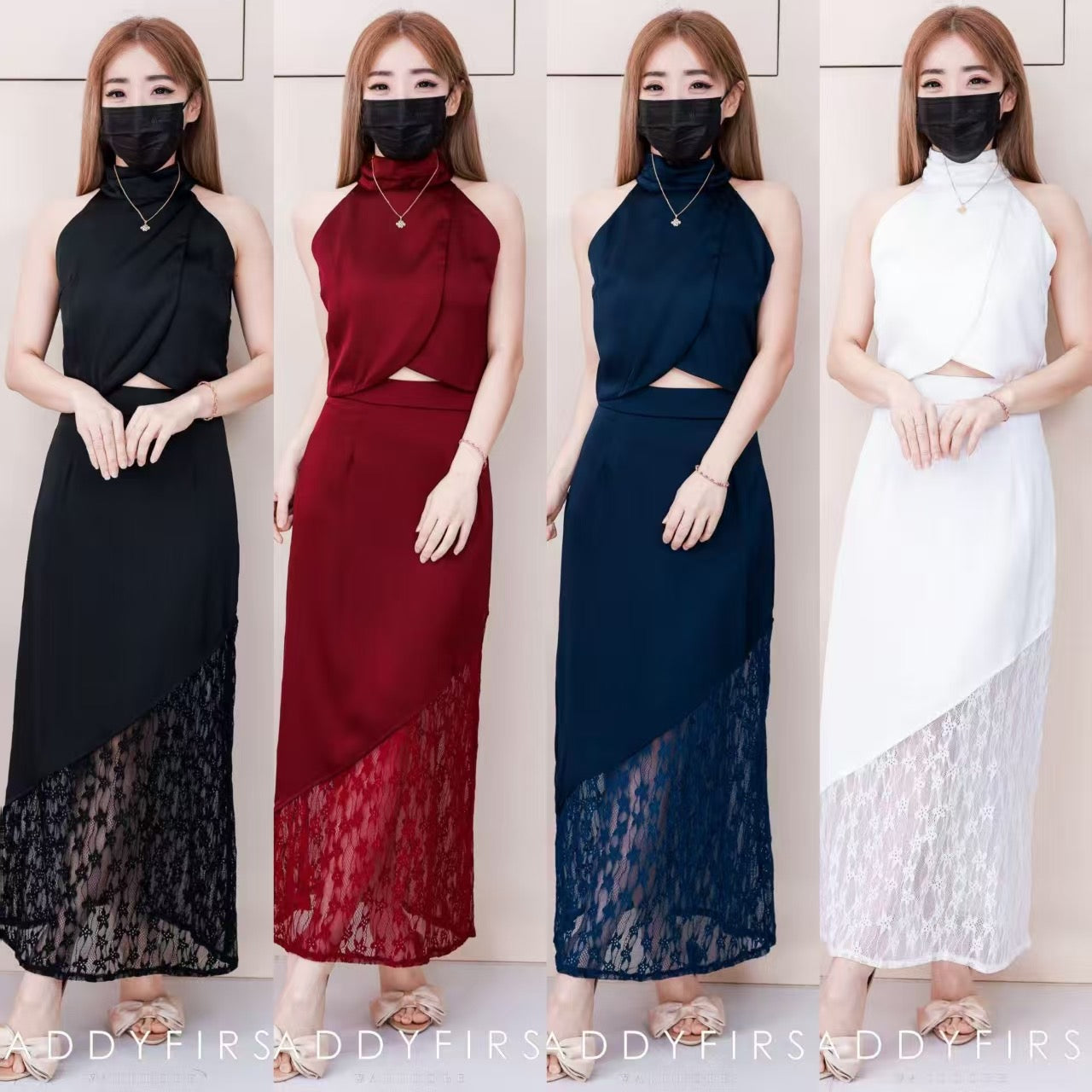 【SS6854】高品质两件式高级感晚宴缎面蕾丝套装 高领CUT IN缎面上衣➕缎面拼接蕾丝长裙 ❤️❤️