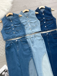 【SS16949】高品质两件式韩式COTTON JEANS牛仔时尚套装 牛仔无袖上衣➕性感开叉设计牛仔高腰裙子 ❤️❤️【A- R1-C6】