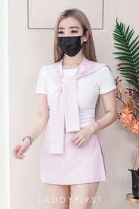 【SS88269】高品质两件式时尚减龄学院风套装 圆领短袖纯棉弹力百搭上衣➕前后裙子高腰百搭裤裙 ❤️❤️【A-R2-C1】
