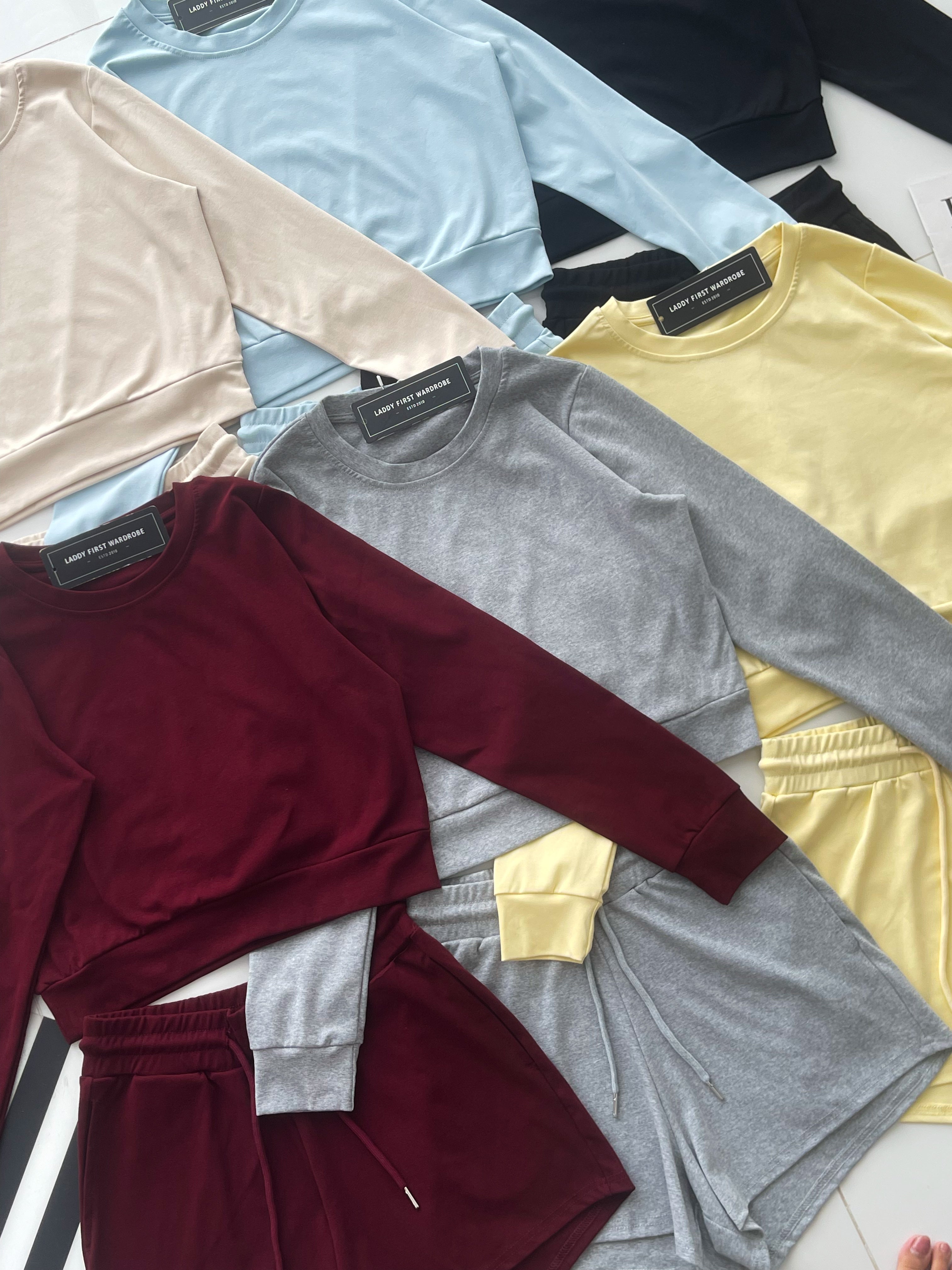 【SS823740】高品质两件式纯棉简约休闲百搭套装 宽松版休闲百搭长袖上衣➕松紧腰弹力休闲短裤，有口袋 ❤️❤️【B-R1-C4】