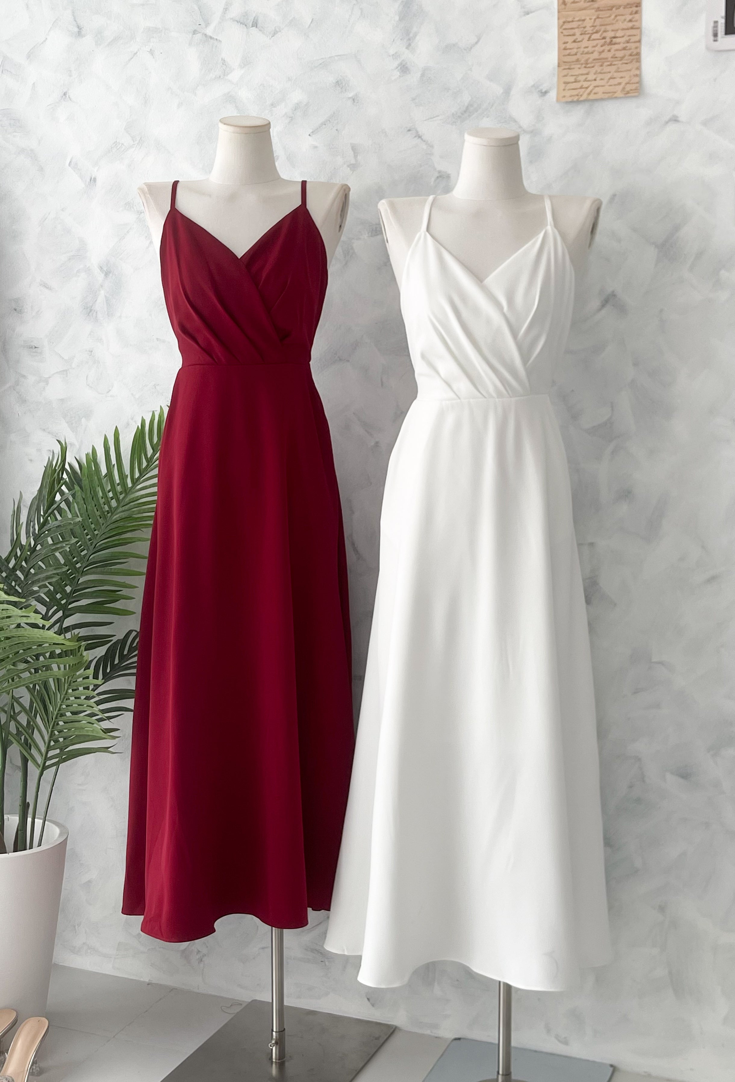 【D6483】高品质V领自调无袖肩带气质浪漫优雅款晚宴连身长裙，有口袋 ❤❤【A-R2-C2】