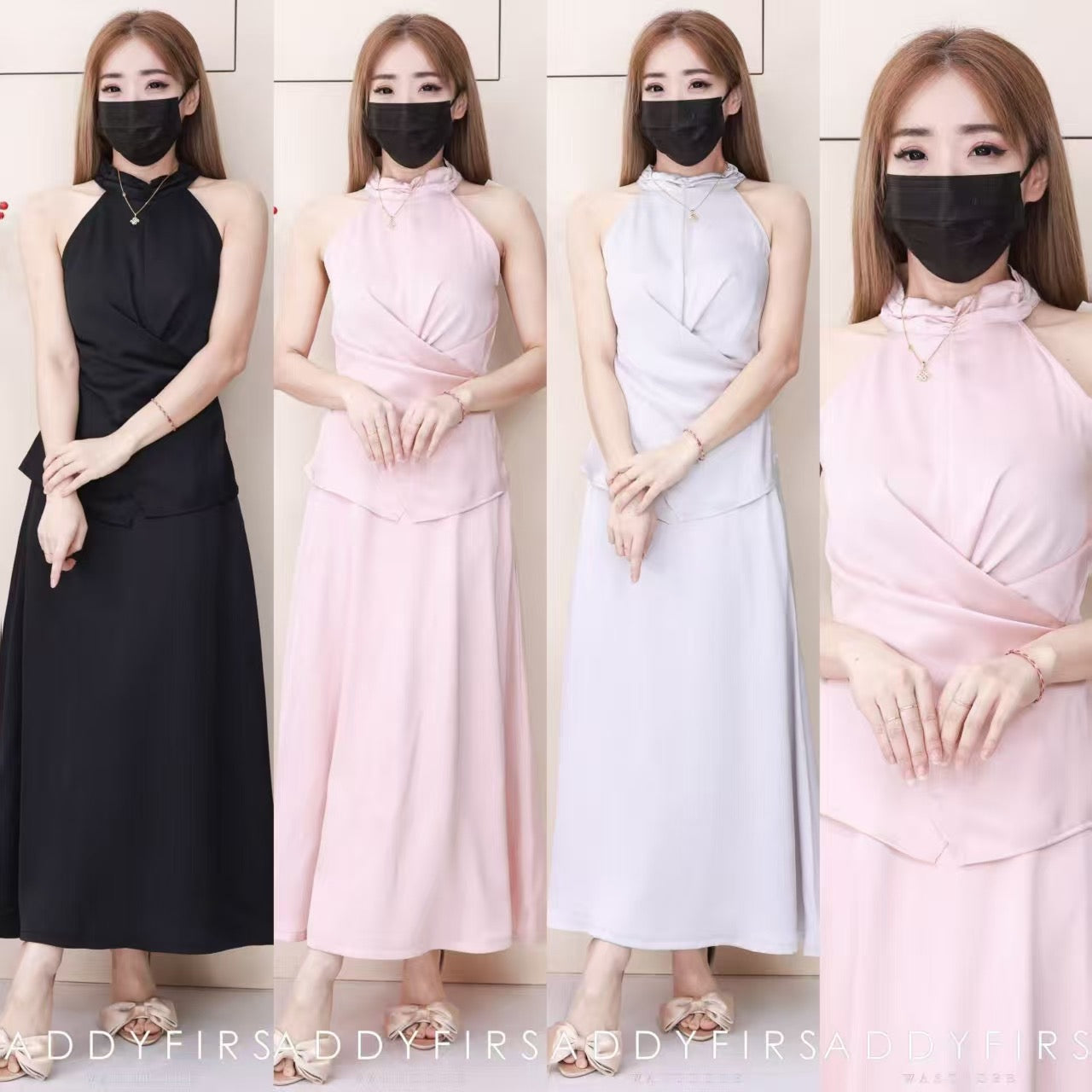 【SS98523】高品质两件式韩式高级感气质缎面晚宴套装 挂脖CUT IN上衣➕缎面高腰长裙，有口袋 ❤️❤️