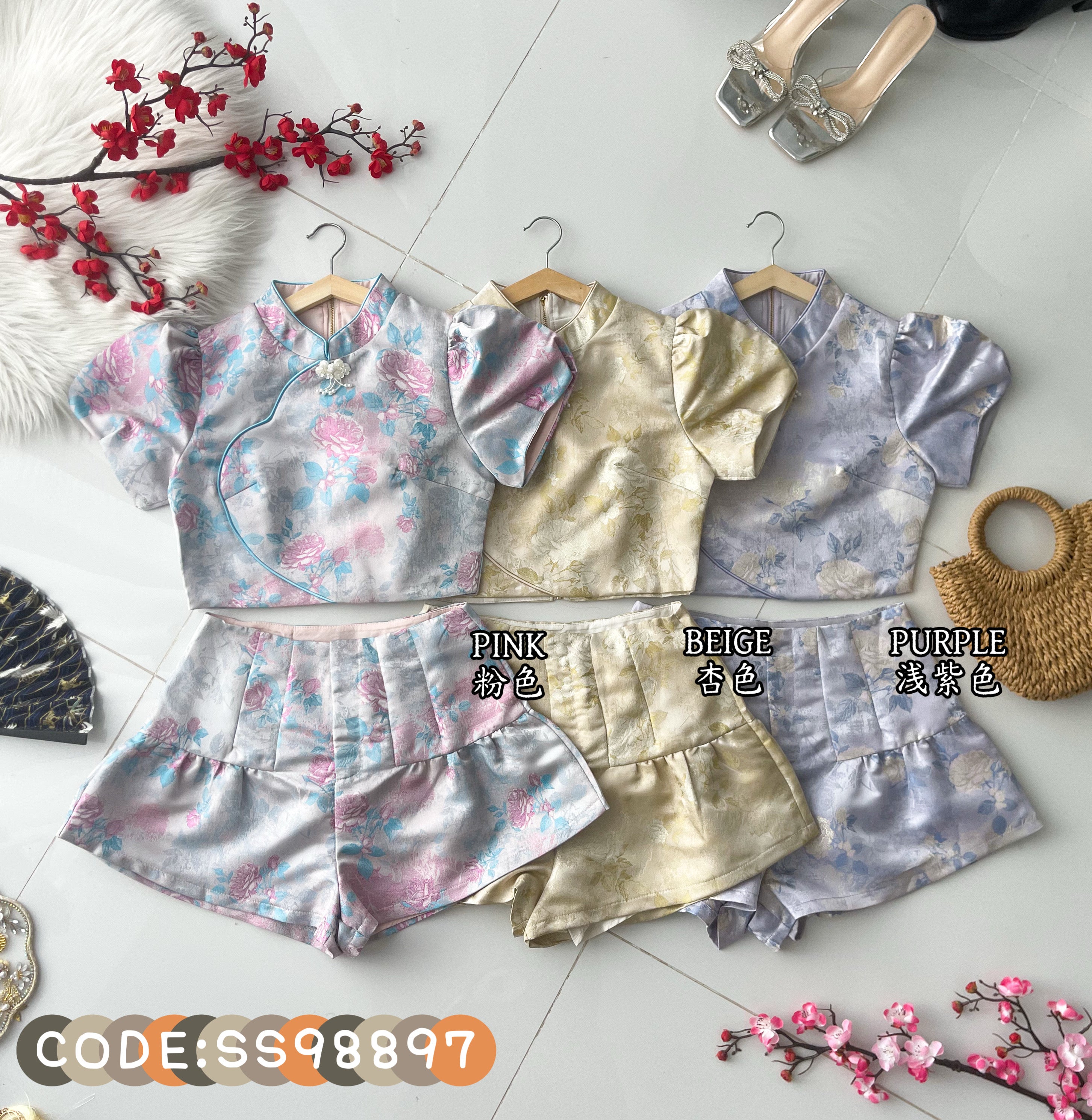 【SS98897】高品质两件式新中式提花旗袍套装 泡泡袖旗袍上衣➕提花高腰短裤 ❤️❤️