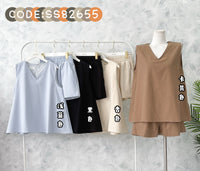 【SS82655】高品质韩式棉麻简约时尚套装 宽松版无袖上衣，松紧腰弹力高腰百搭短裤，有口袋 ❤❤【A-R2-C3】