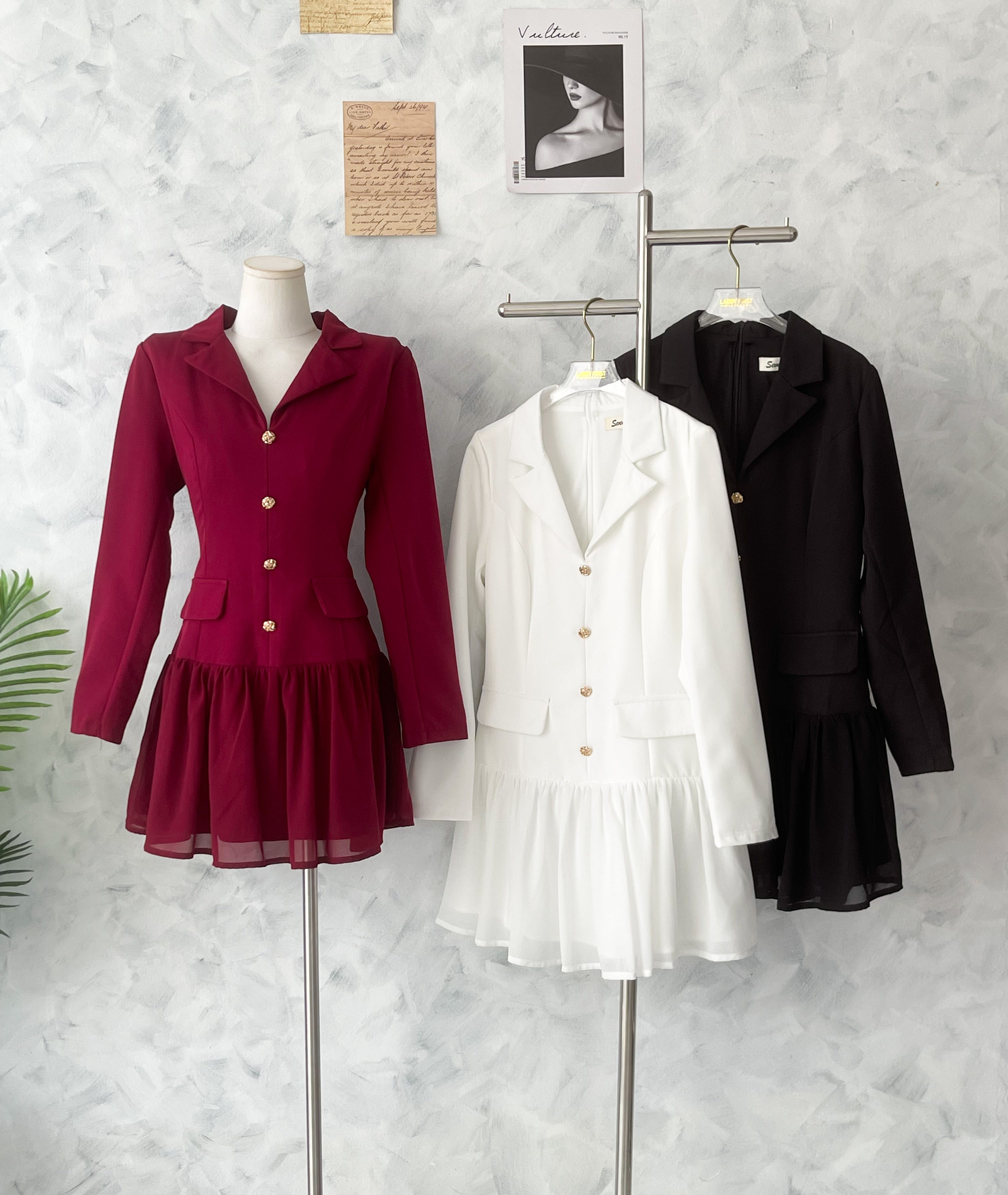 【D81181】高品质韩系御姐风长袖西装拼接雪纺连身裙子 ❤❤【A-R2-C1】