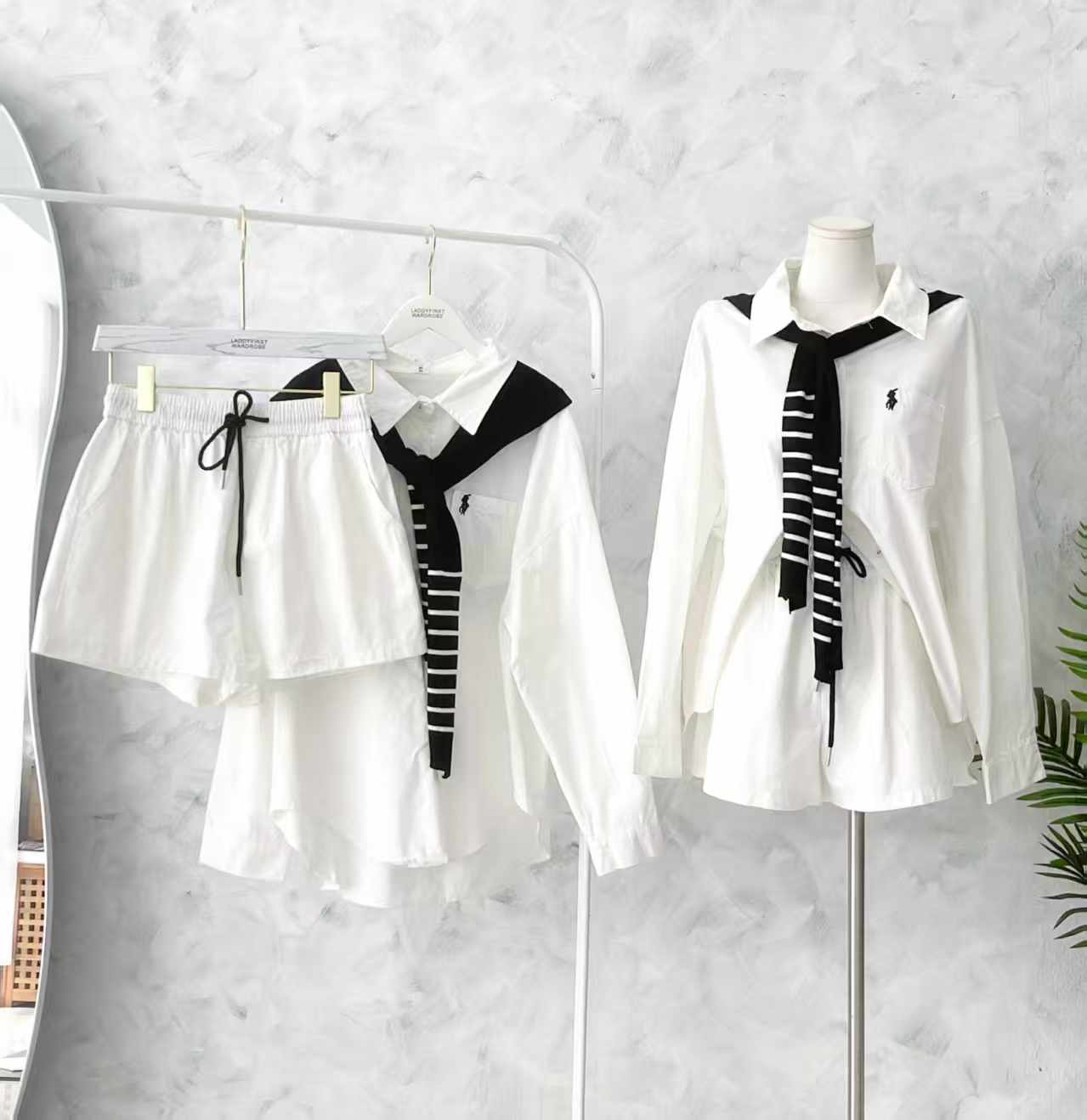 【SS8620】高品质两件式韩式牛仔简约休闲百搭套装 翻领长袖牛仔上衣➕松紧腰弹力牛仔短裤，有口袋 ❤️❤️