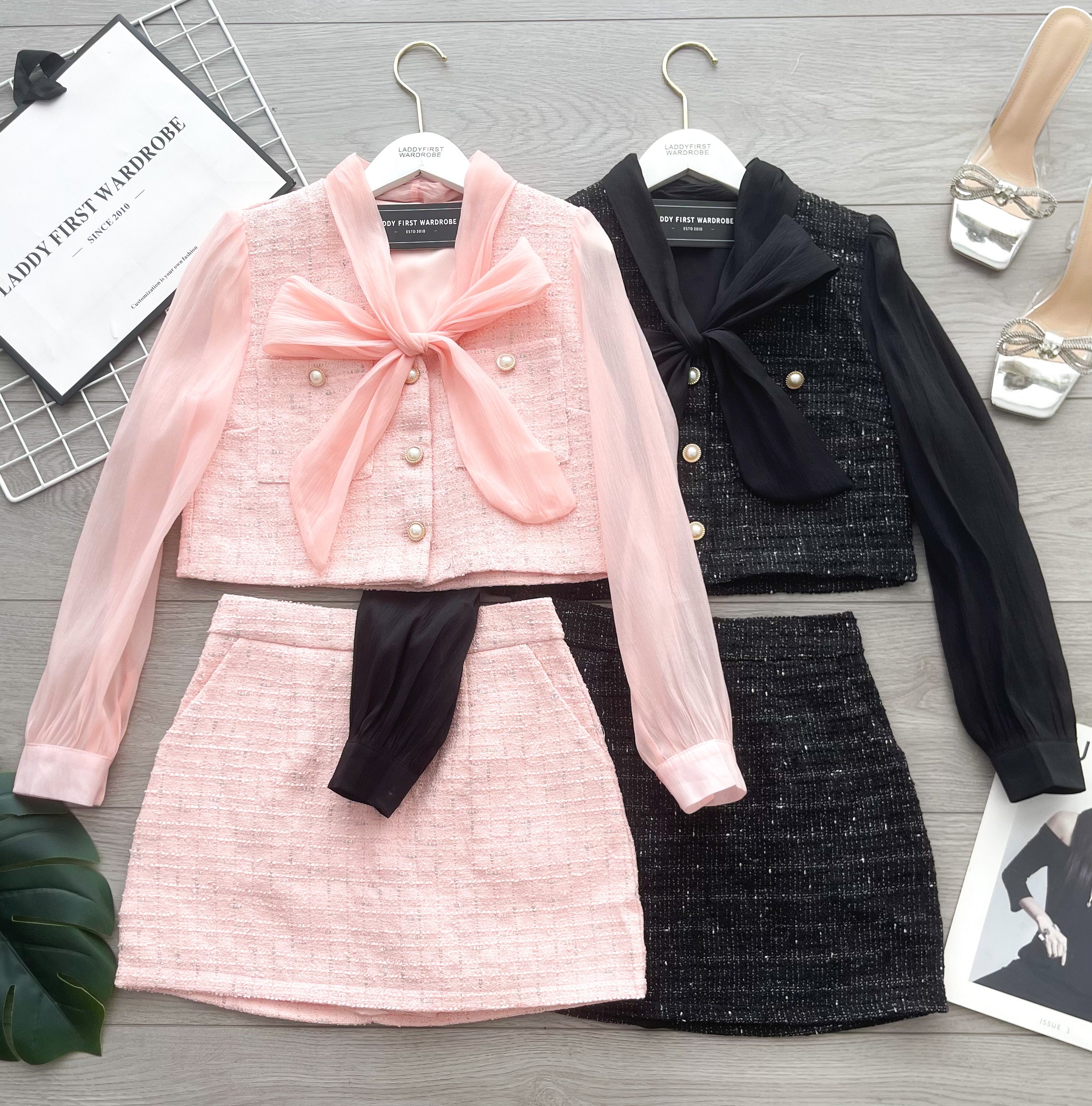 【SS21801 / 37653】高品质两件式轻奢名媛款小香风套装 小香风拼接雪纺长袖上衣➕小香风高腰裙子，内层有里布短裤，有口袋 ❤️❤️