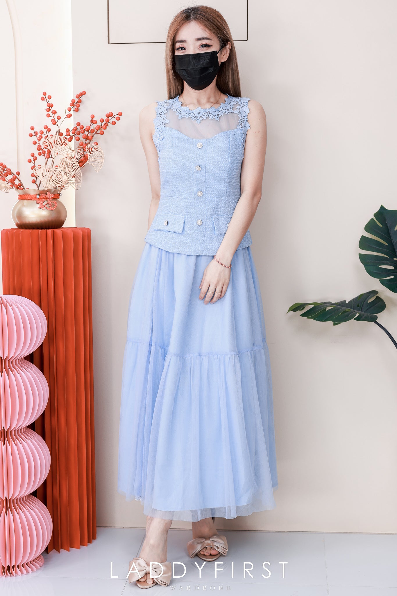 【SS6636】高品质两件式韩式轻奢风时尚套装 小香风上衣➕松紧腰弹力蛋糕网纱长裙 ❤️❤️