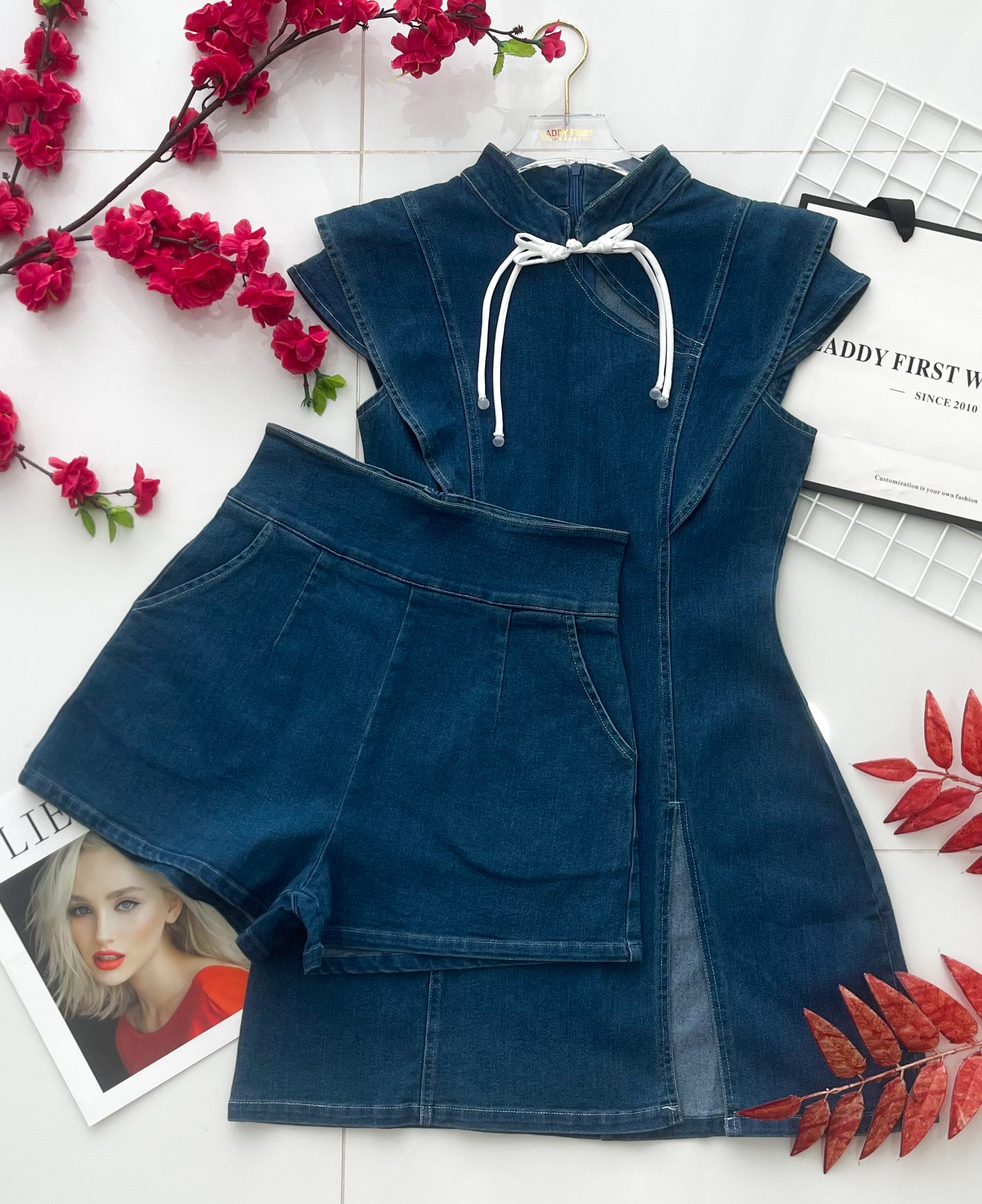 【SS2701】高品质两件式新中式高端极简COTTON JEANS牛仔旗袍套装 旗袍牛仔连衣裙➕牛仔高腰百搭短裤，有口袋 ❤️❤️