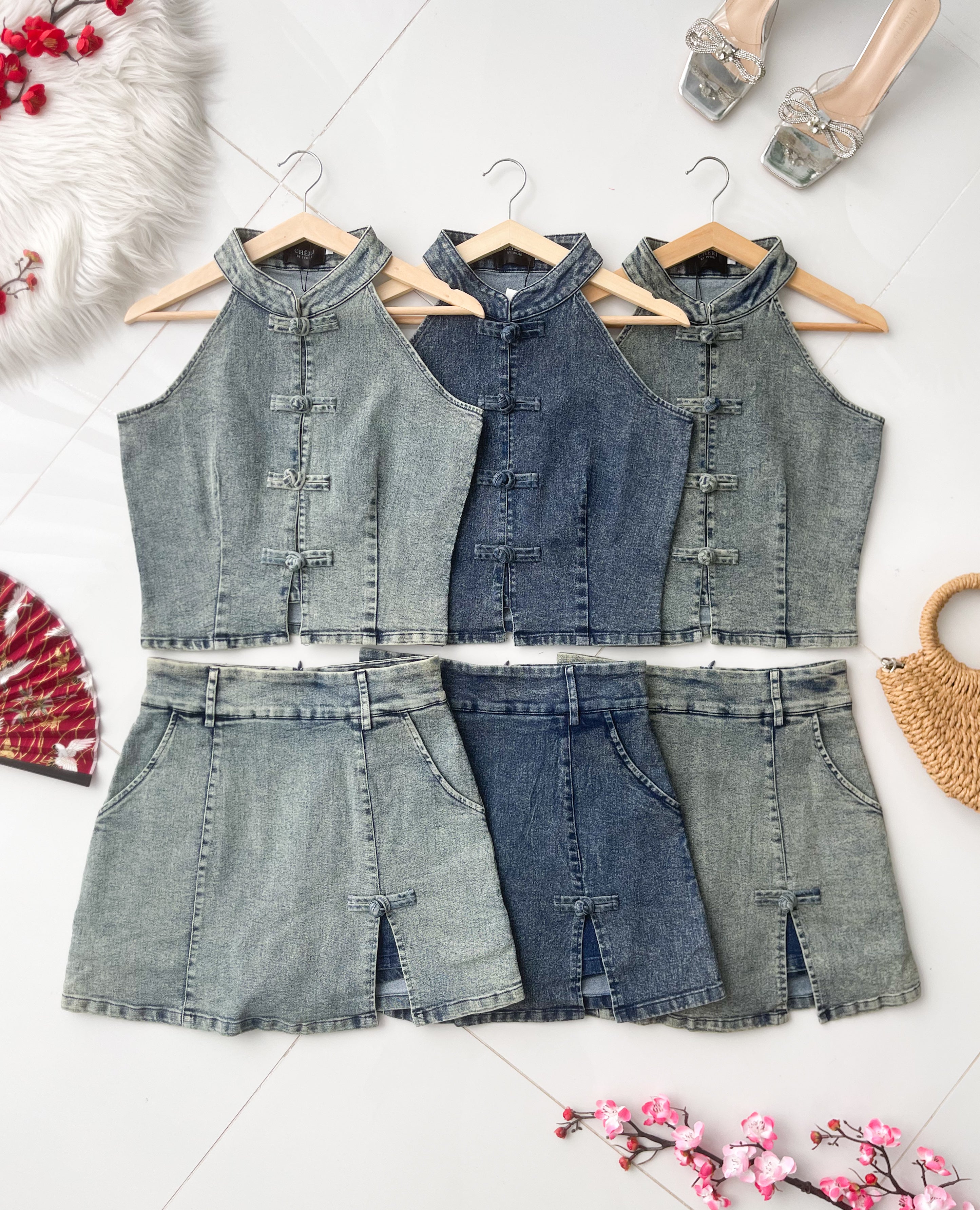 【SS2637】高品质两件式雪花牛仔弹力旗袍套装 CUT IN 无袖旗袍上衣➕高腰牛仔百搭裤裙，有口袋 ❤️❤️