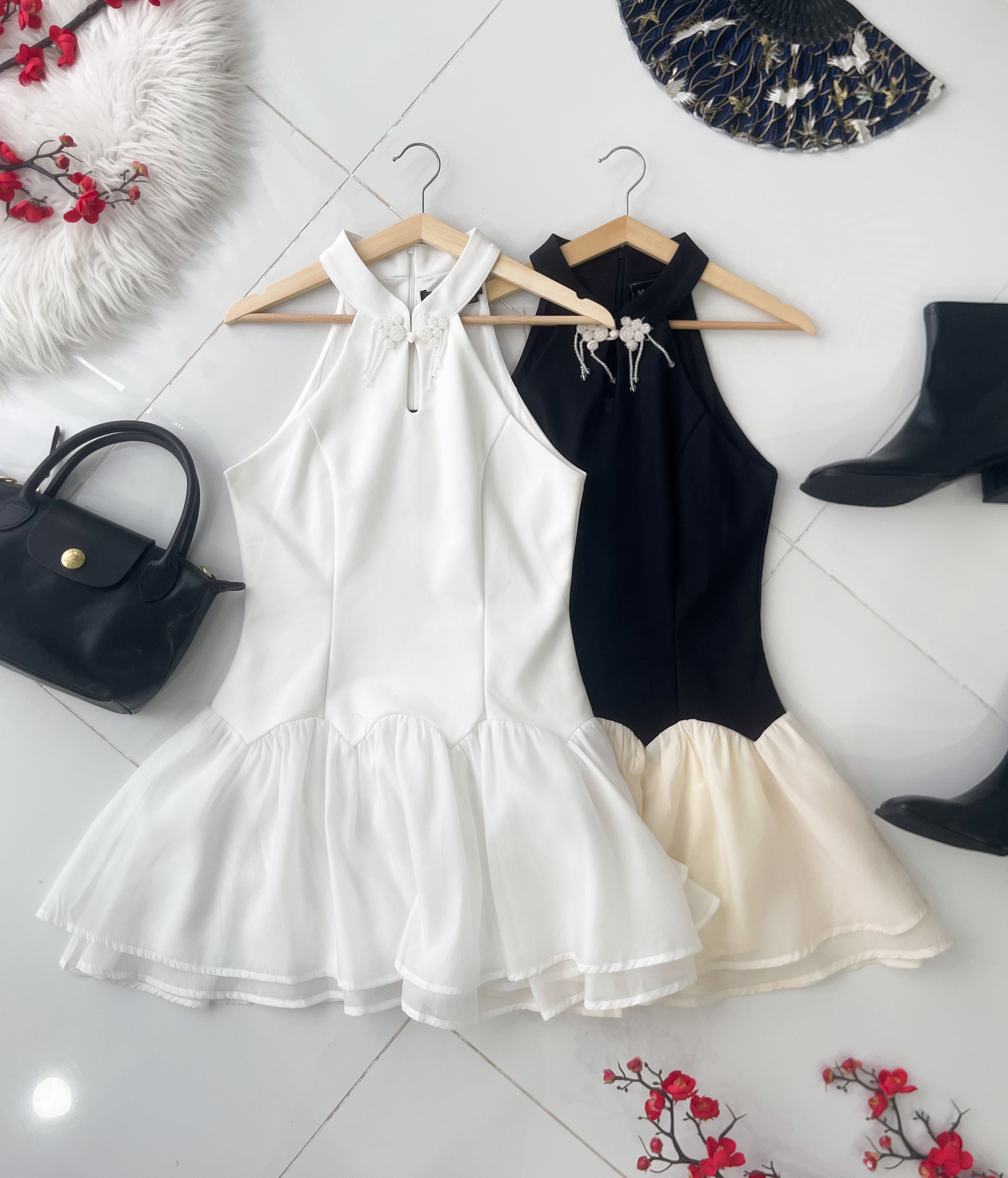 【D77139】高品质精致水晶流苏盘扣设计西装拼接雪纺缝缝旗袍连身裙子，内层有里布短裤 ❤❤【B-R3-C3】