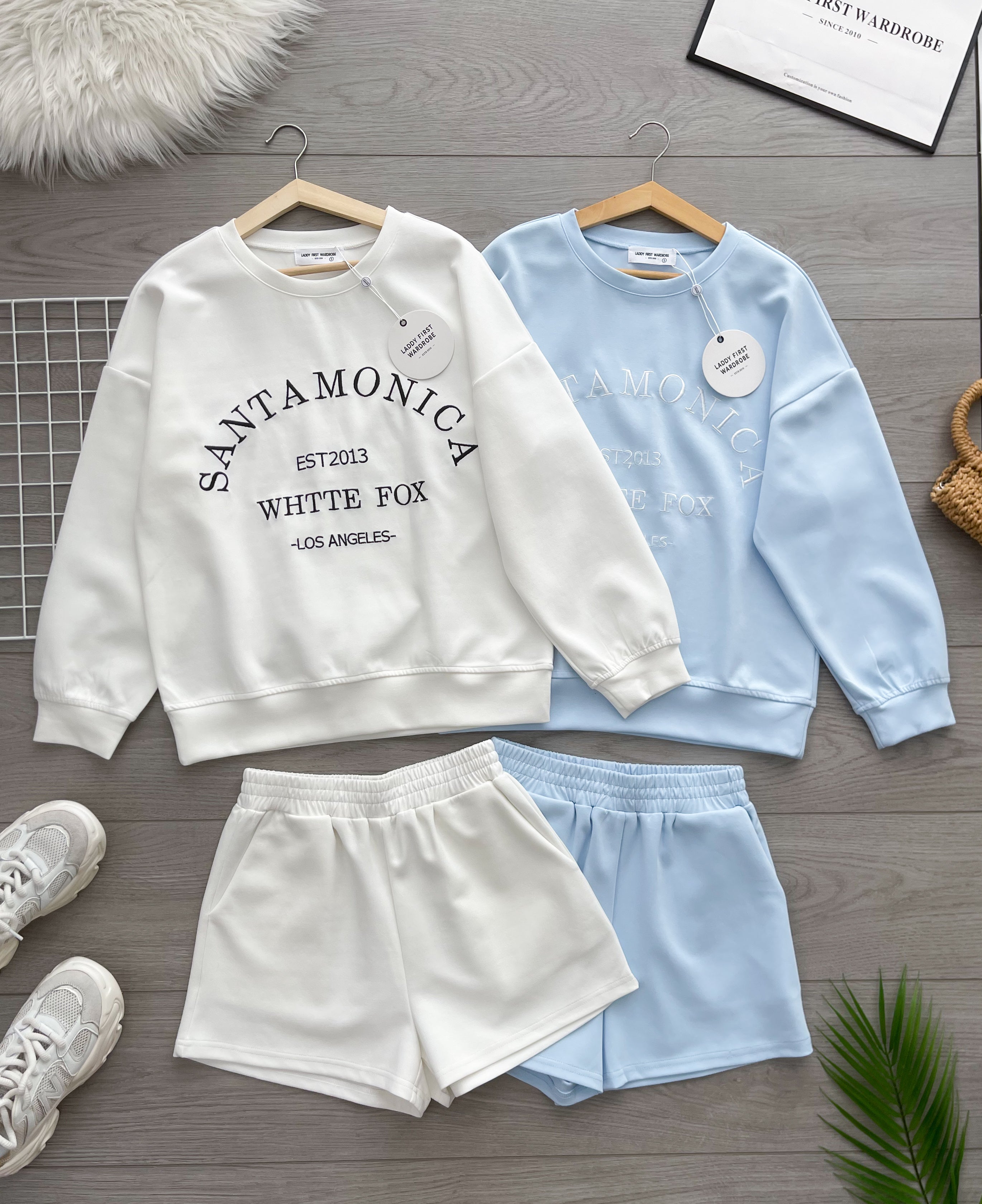 【SS3544】🌟推荐🌟【LFW独家小圆饼】高品质空气棉质宽松版简约休闲套装 宽松版刺绣字母长袖上衣➕松紧腰弹力休闲百搭短裤，有口袋 ❤️❤️