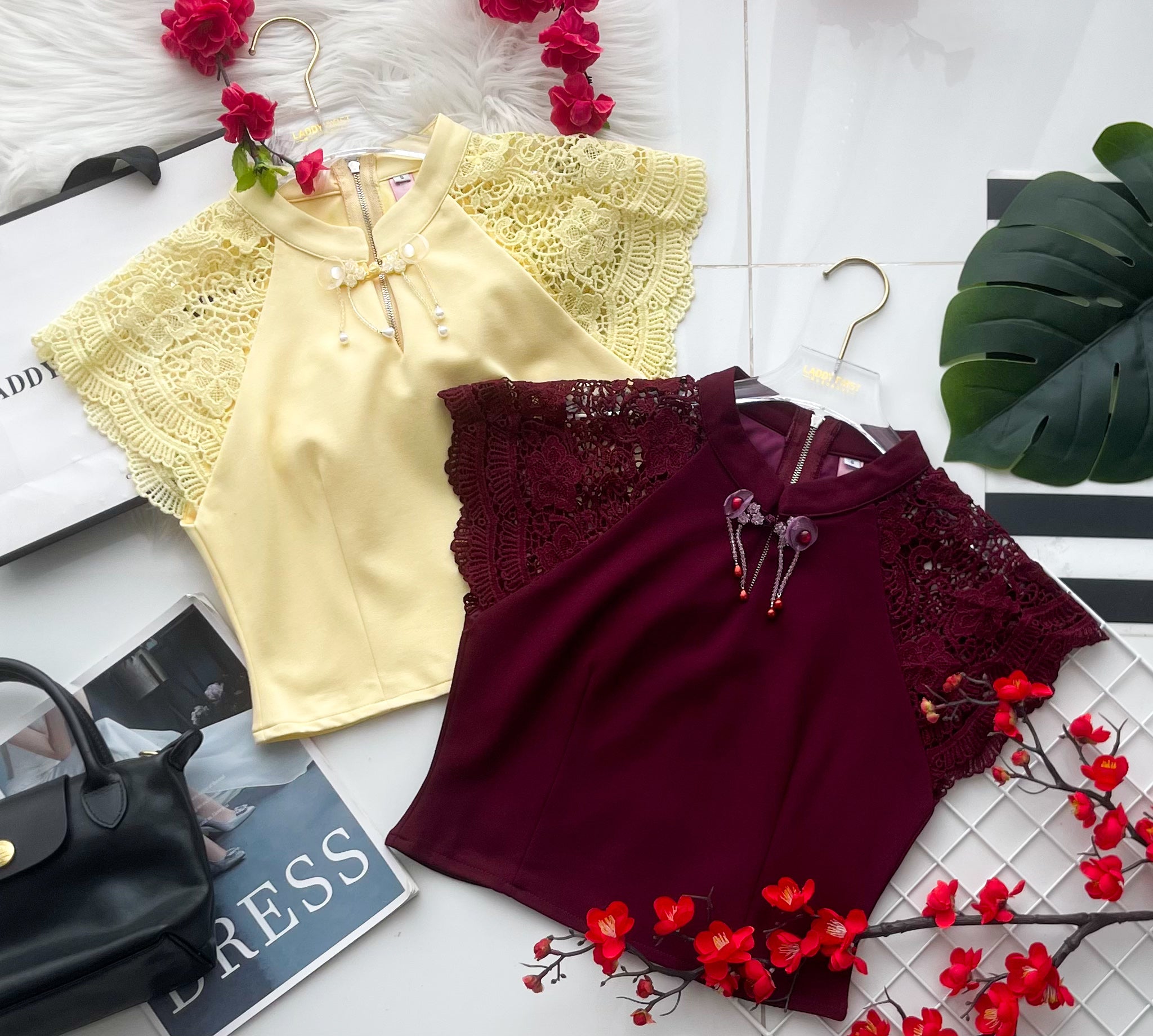 【T6936】高品质罗马拼接水溶蕾丝袖子旗袍上衣 ❤❤