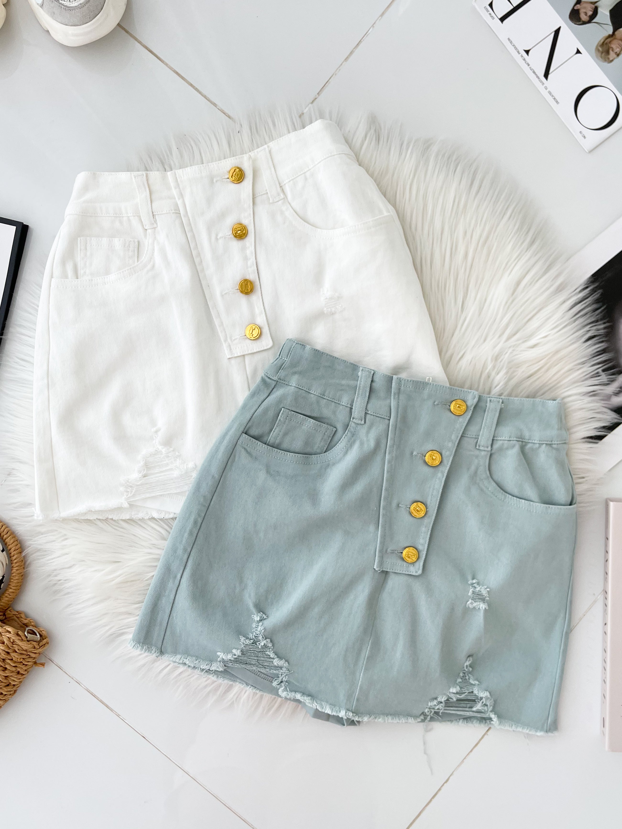 【S121537】高品质设计破洞边牛仔COTTON  JEANS高腰百搭裙子，后腰伸缩弹力有口袋 ❤️❤️