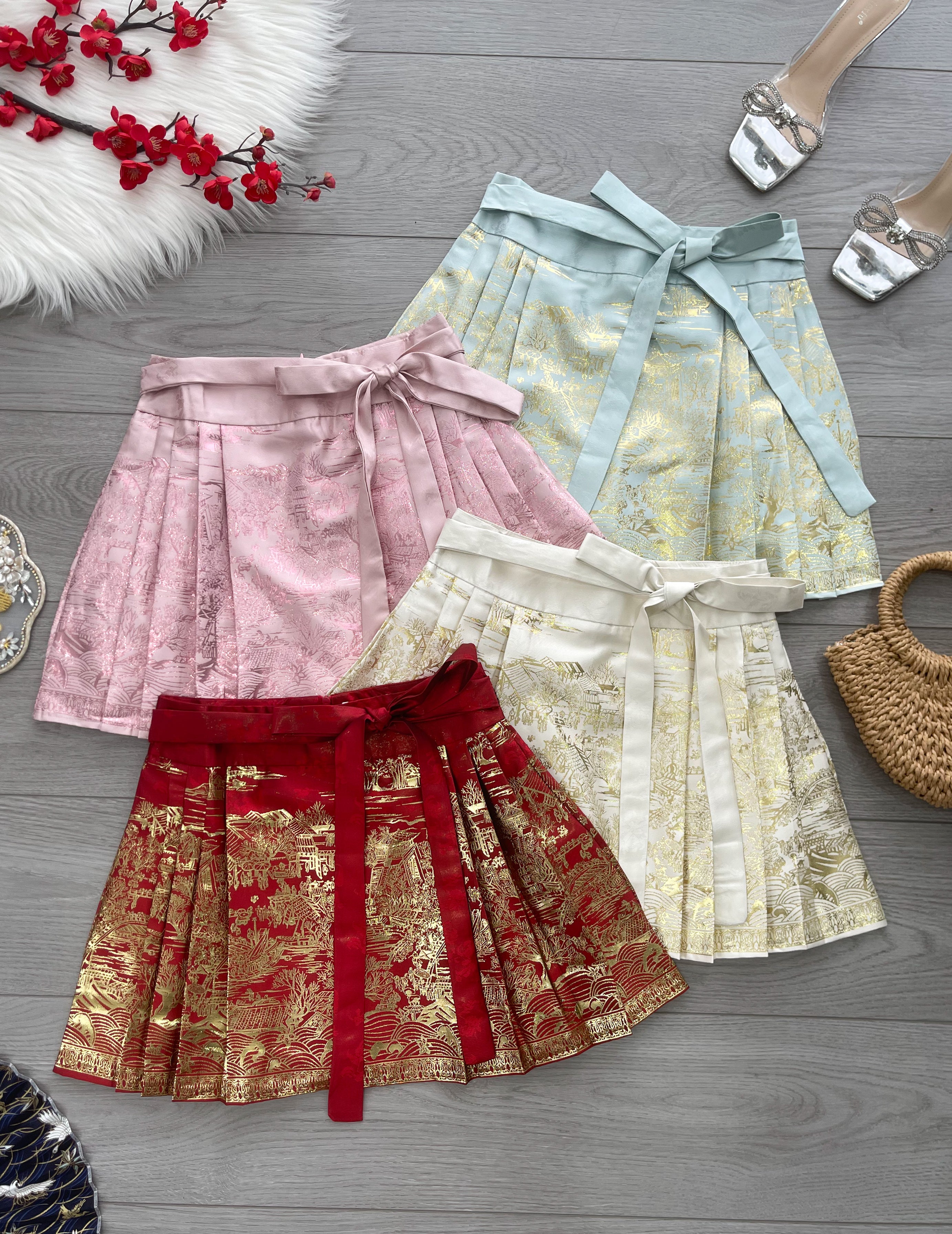 【S2649】高品质新中式国风织金沙刺绣百褶马面裙子，内层有里布短裤 ❤️❤️