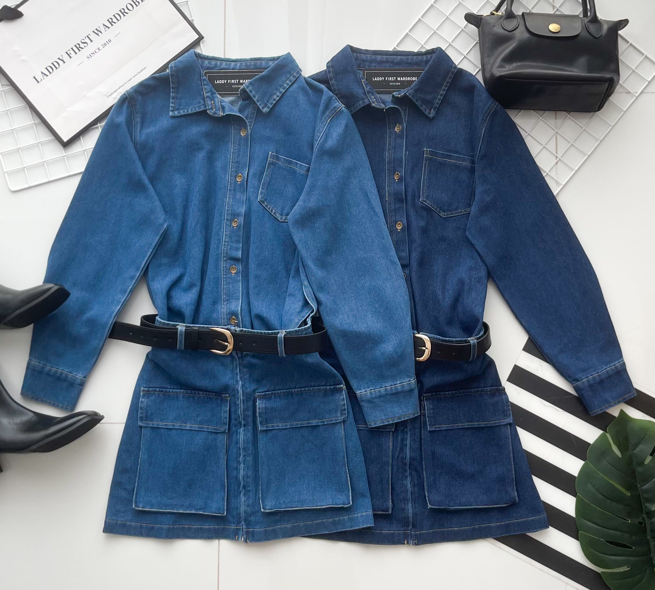 【D7702】高品质美式复古风翻领长袖牛仔连身裙子，附送腰带，有口袋 ❤❤【B-R1-C6】