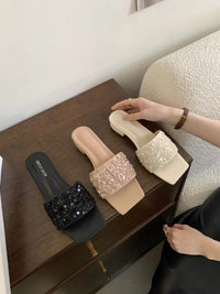 【R168-8】🌟现货🌟 高级感法式仙女小众低跟方头BLINK亮片小凉拖 ❤️