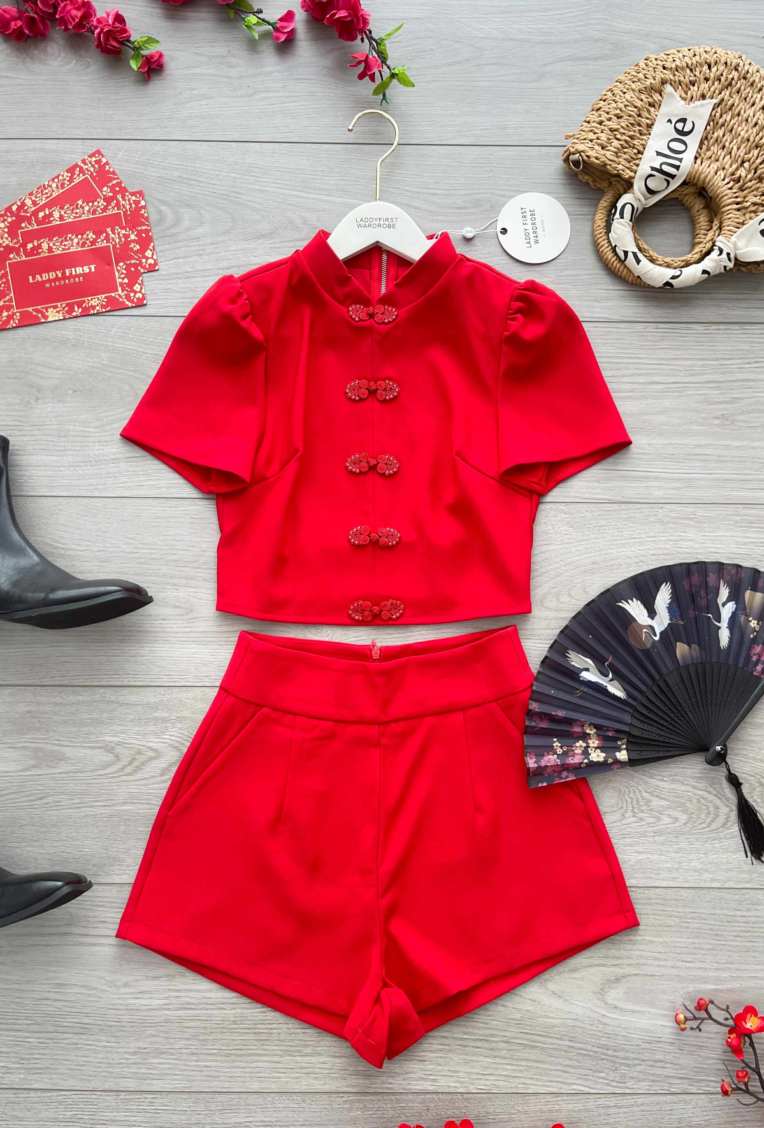 【SS3504】【LFW独家小圆饼】高品质两件式简约时尚西装四面弹唐装旗袍套装 立领盘扣短袖旗袍上衣➕西装高腰百搭短裤，有口袋 ❤️❤️